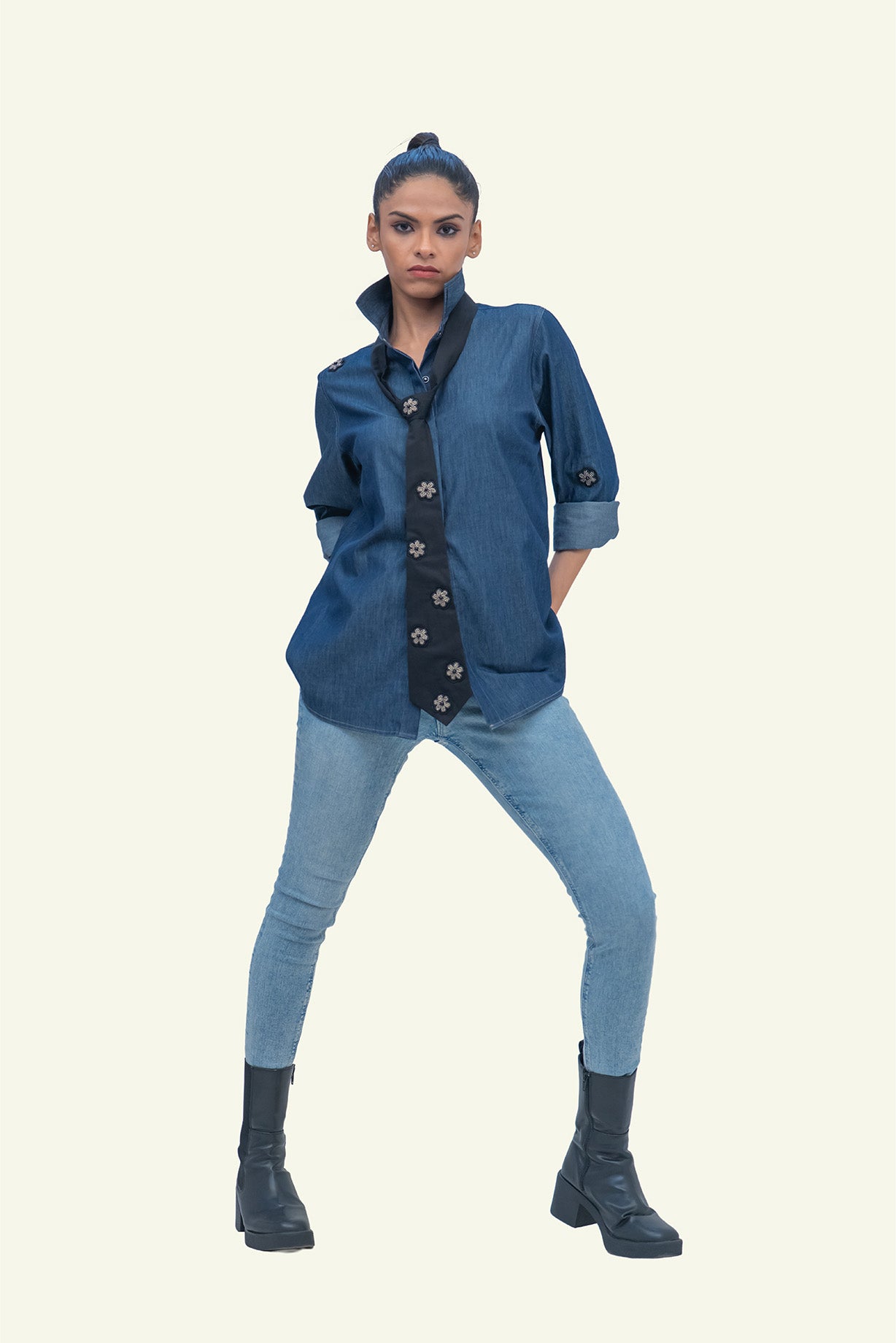 Denim Cotton Shirt with Black Cotton Tie