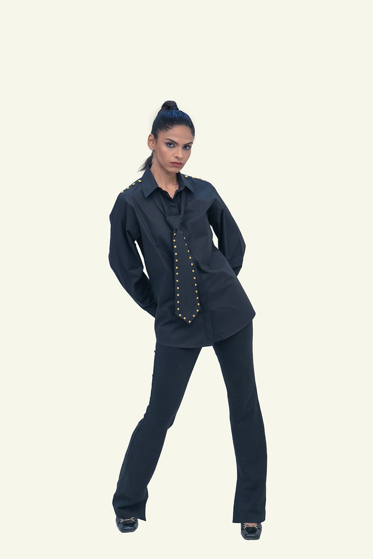 Black Cotton Shirt with Black Cotton Tie