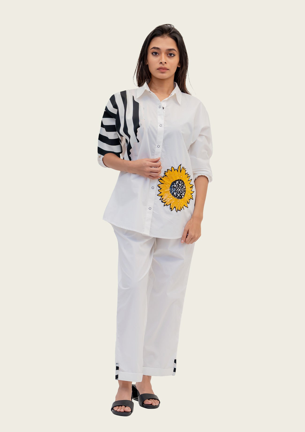 White Cotton Shirt and Pants Co-ord Set with Embroidery