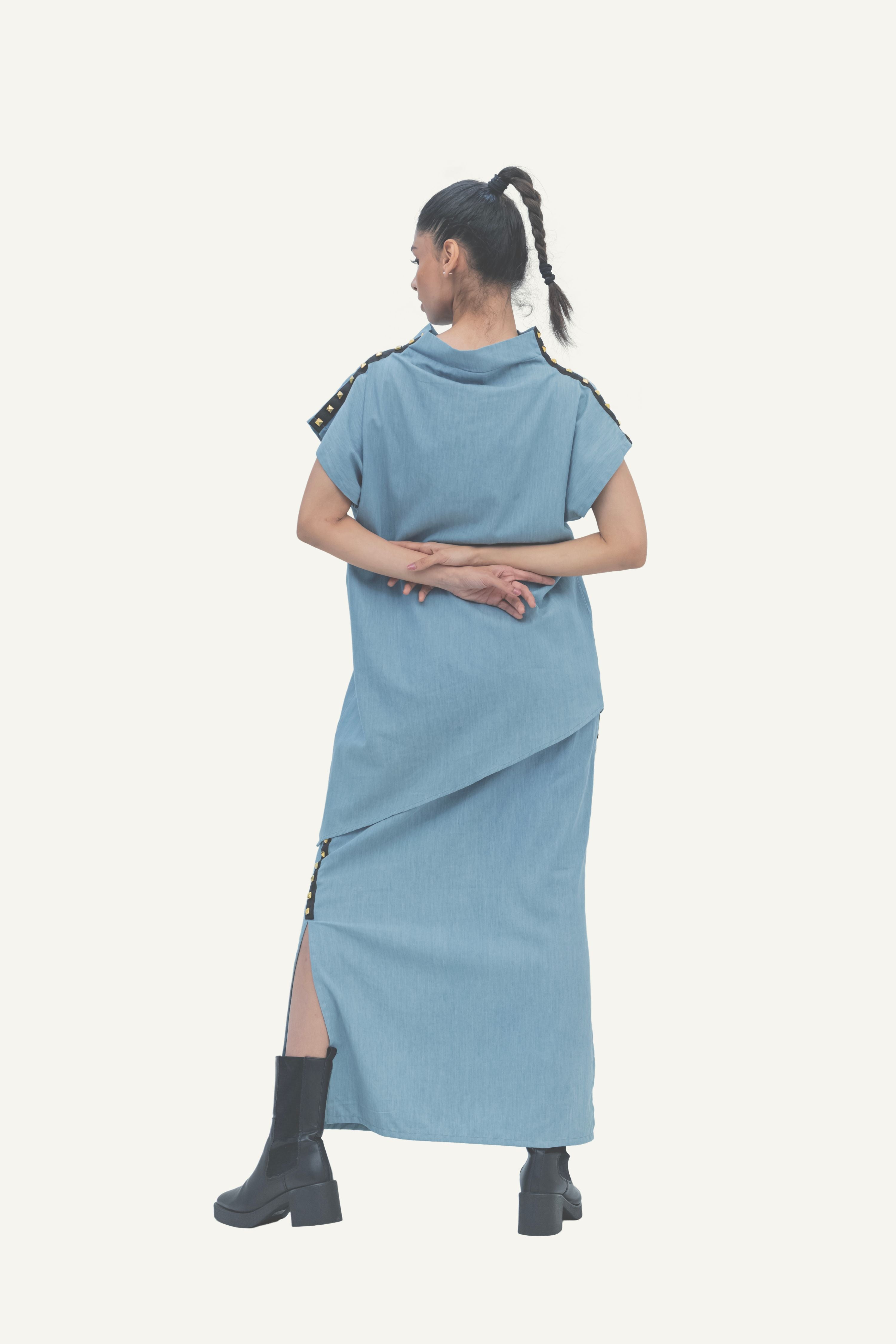 Blue Cotton Denim Shirt with Foil Print and Studs