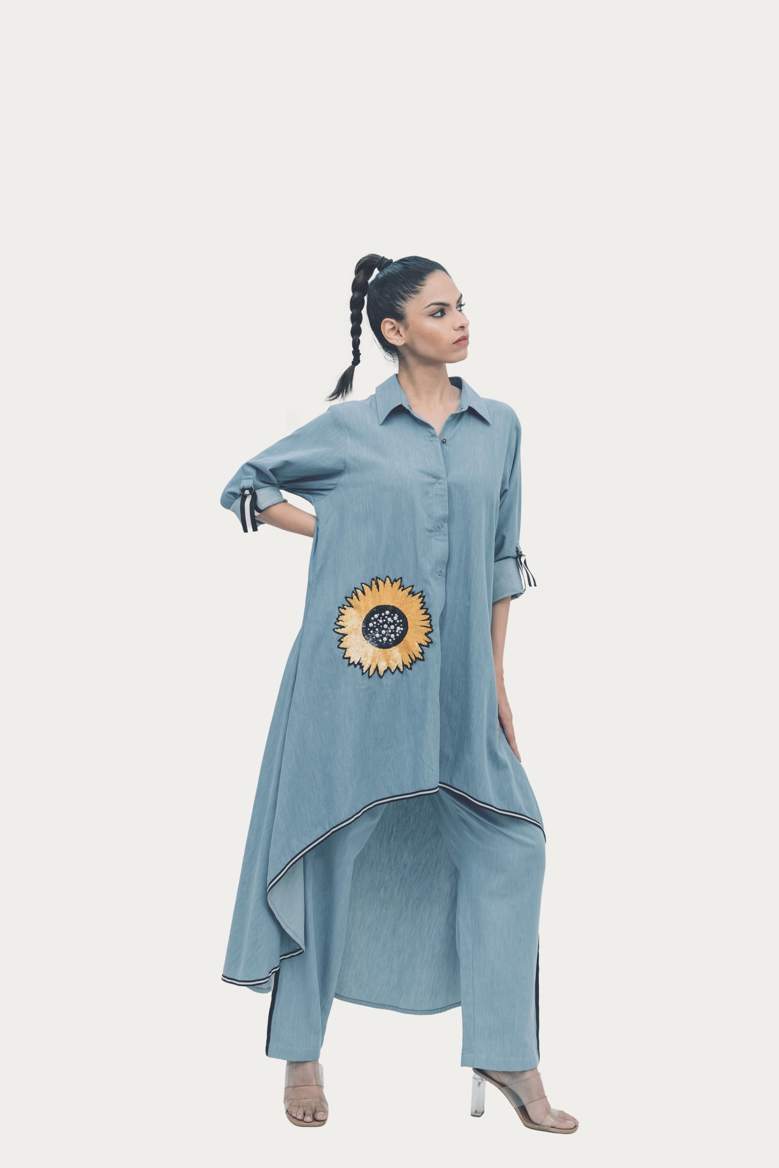Blue Cotton Denim Tunic and Pants Co-ord Set with Embroidery