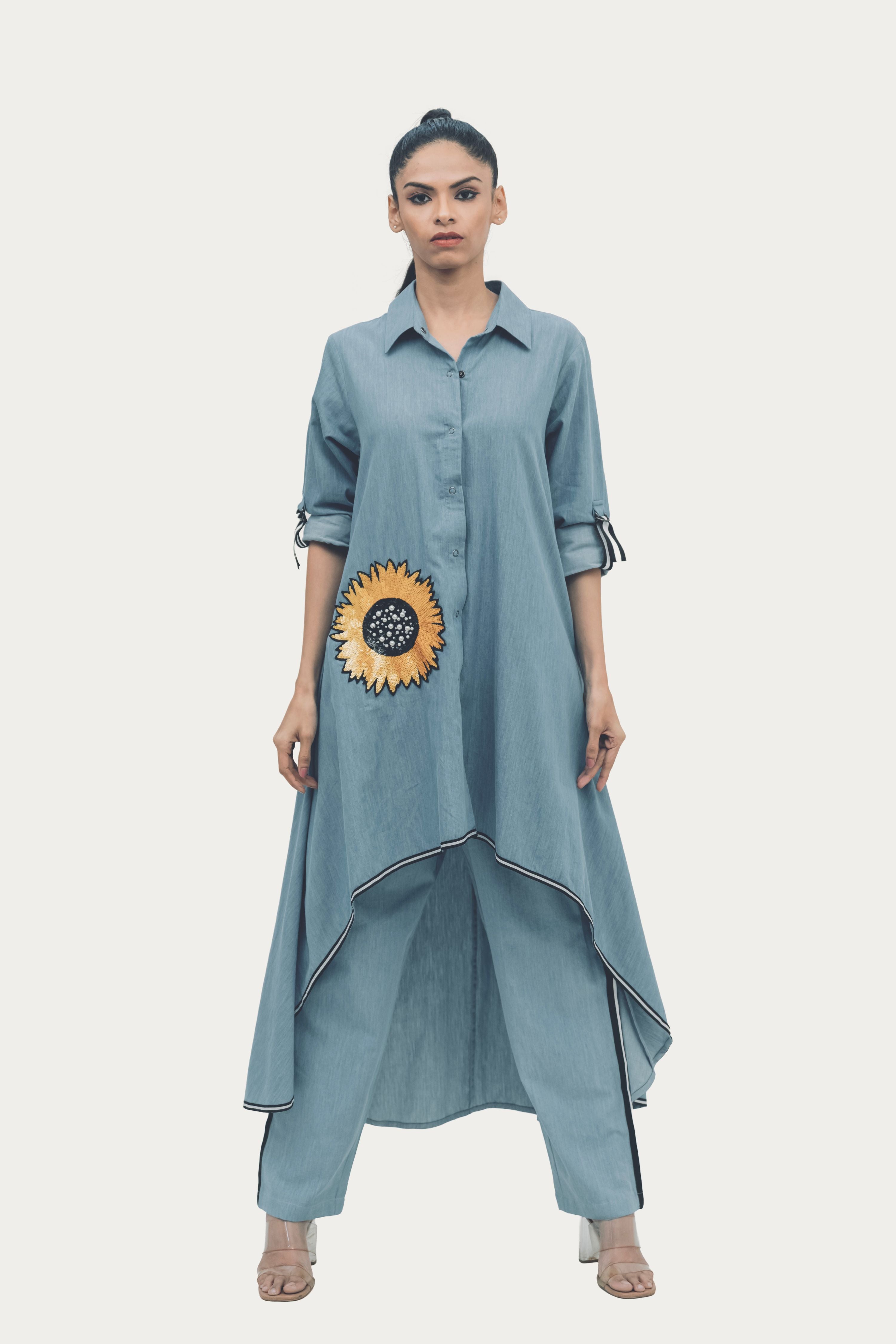 Blue Cotton Denim Tunic and Pants Co-ord Set with Embroidery