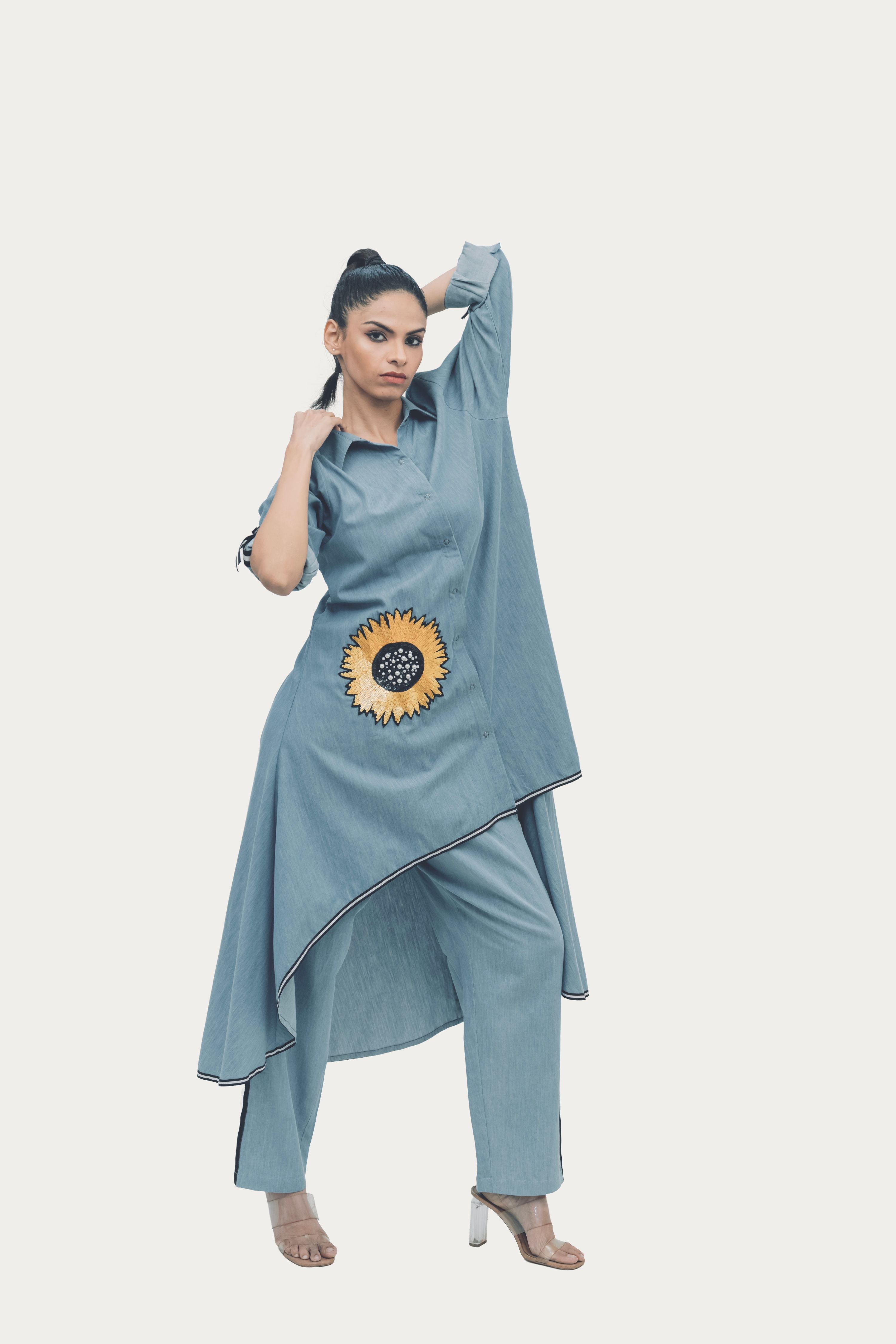 Blue Cotton Denim Tunic and Pants Co-ord Set with Embroidery