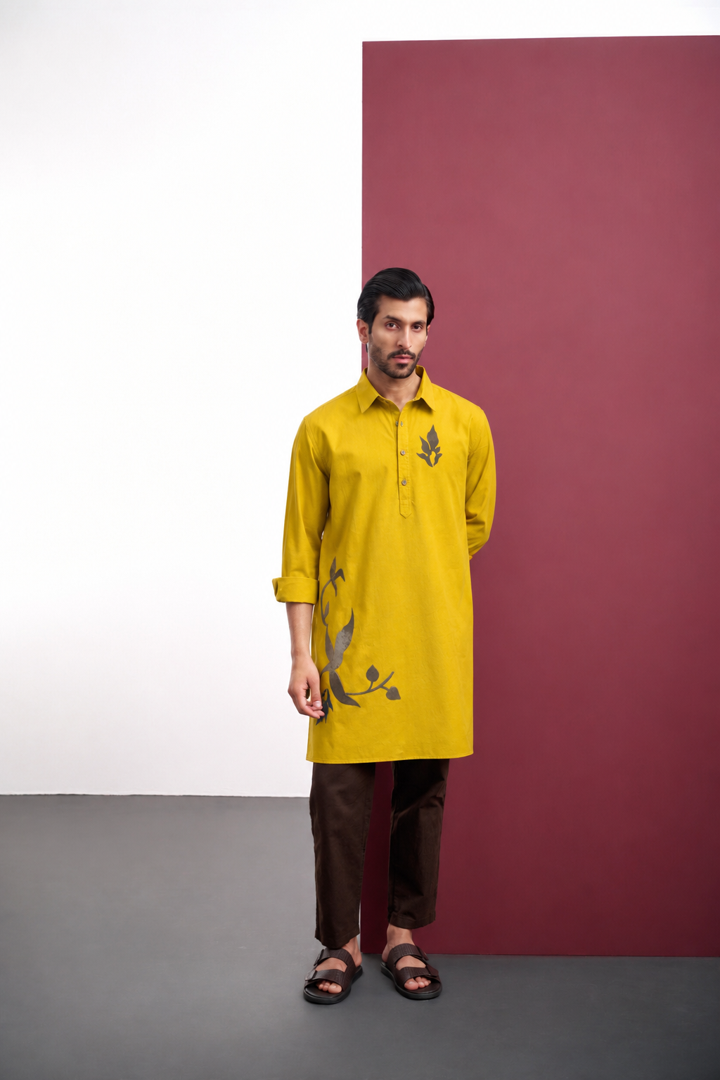 MUSTARD COTTON VELVET APPLIQUE KURTA