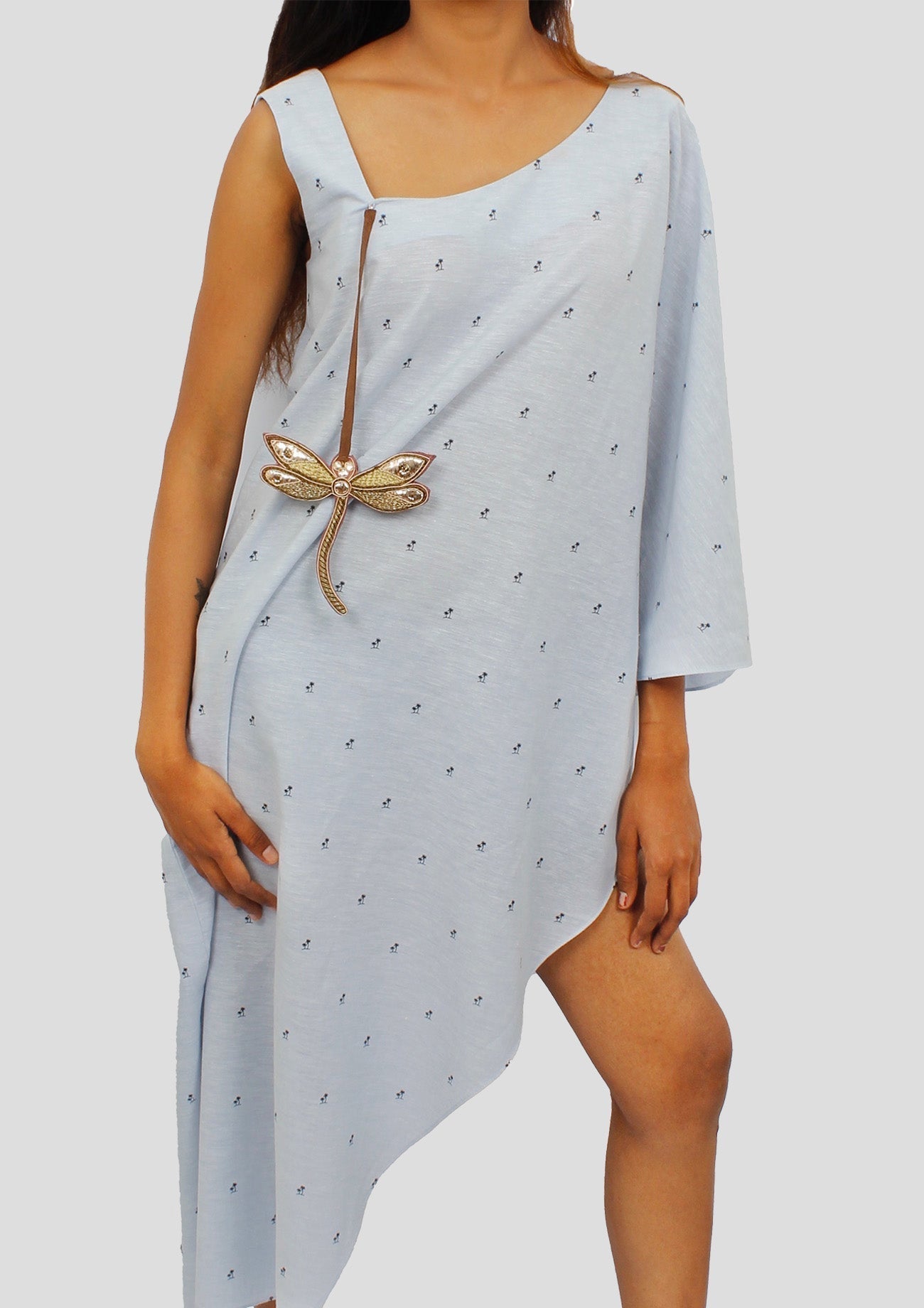 Sky Blue Cotton One Sleeve Asymmetrical Tunic Top