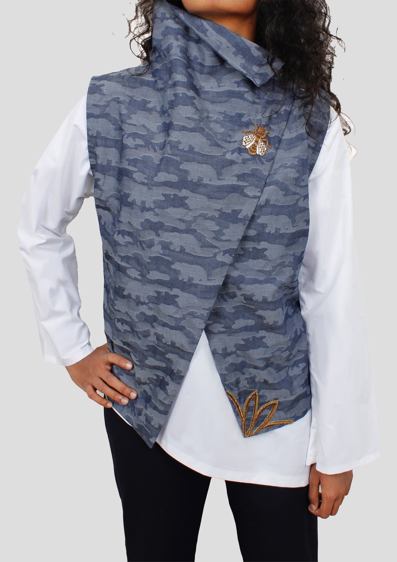 Blue Cotton Two Piece Top with Camouflage Weave