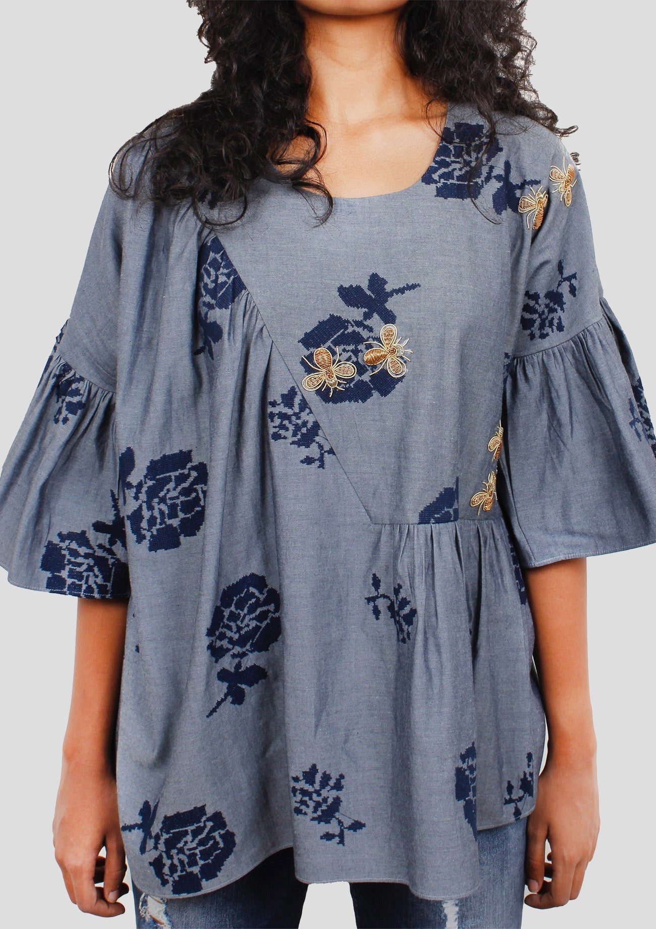 Blue Denim Three Quarter Sleeves Top with Embroidery