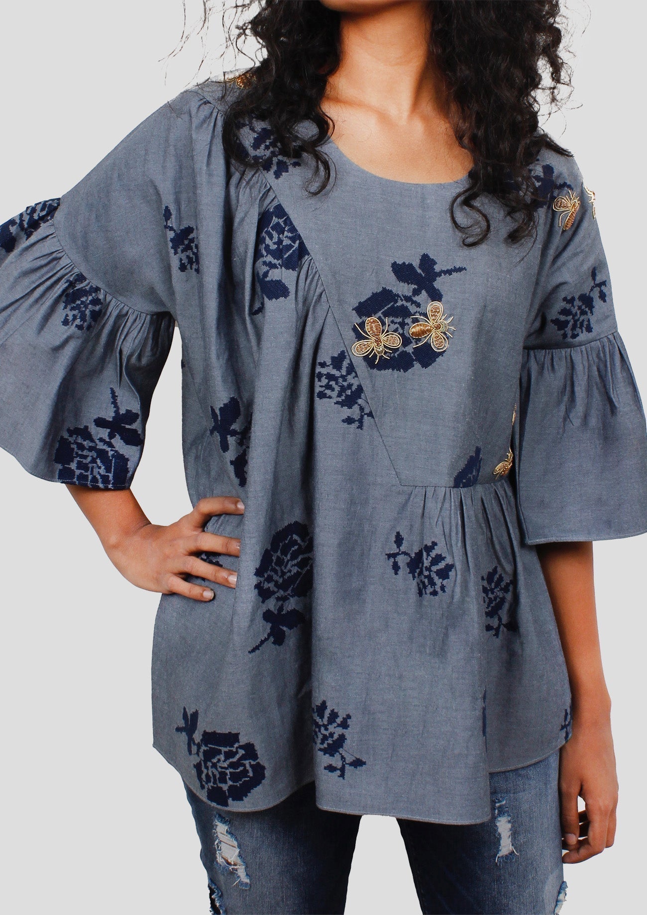 Blue Denim Three Quarter Sleeves Top with Embroidery