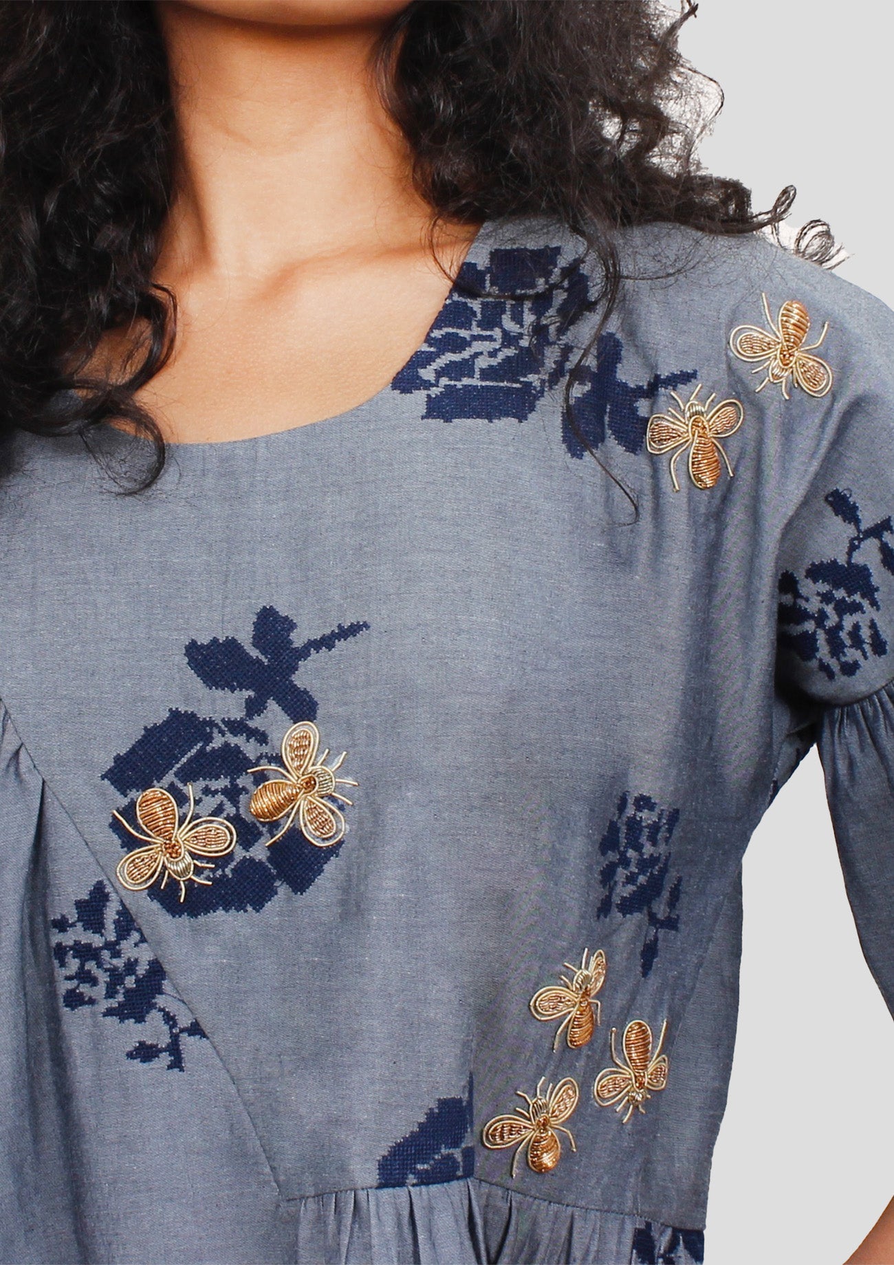 Blue Denim Three Quarter Sleeves Top with Embroidery