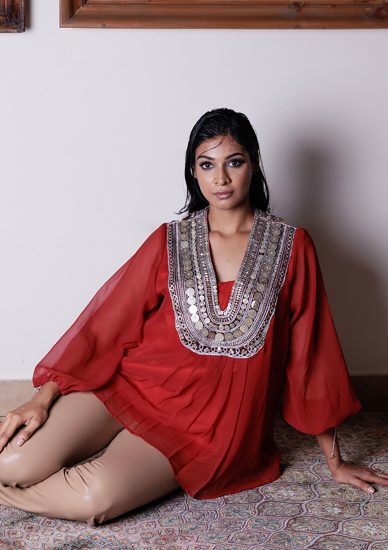 Rust Georgette Top with Metal Embroidery