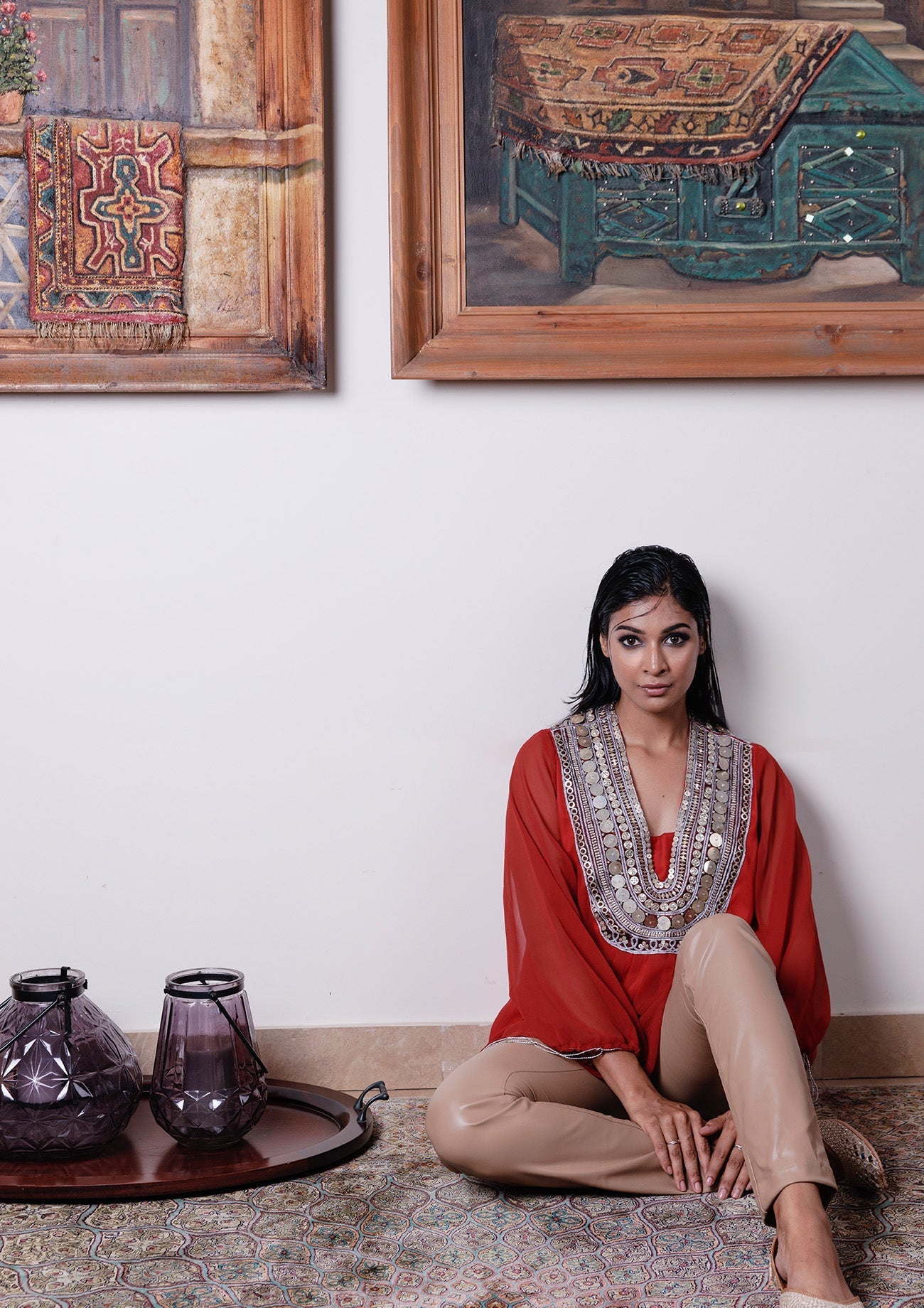Rust Georgette Top with Metal Embroidery