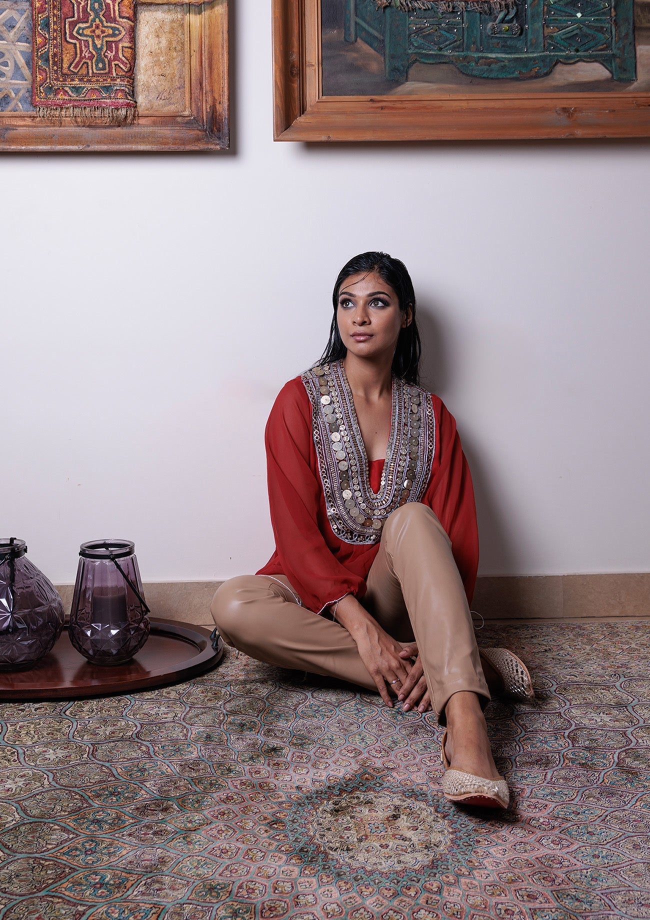 Rust Georgette Top with Metal Embroidery