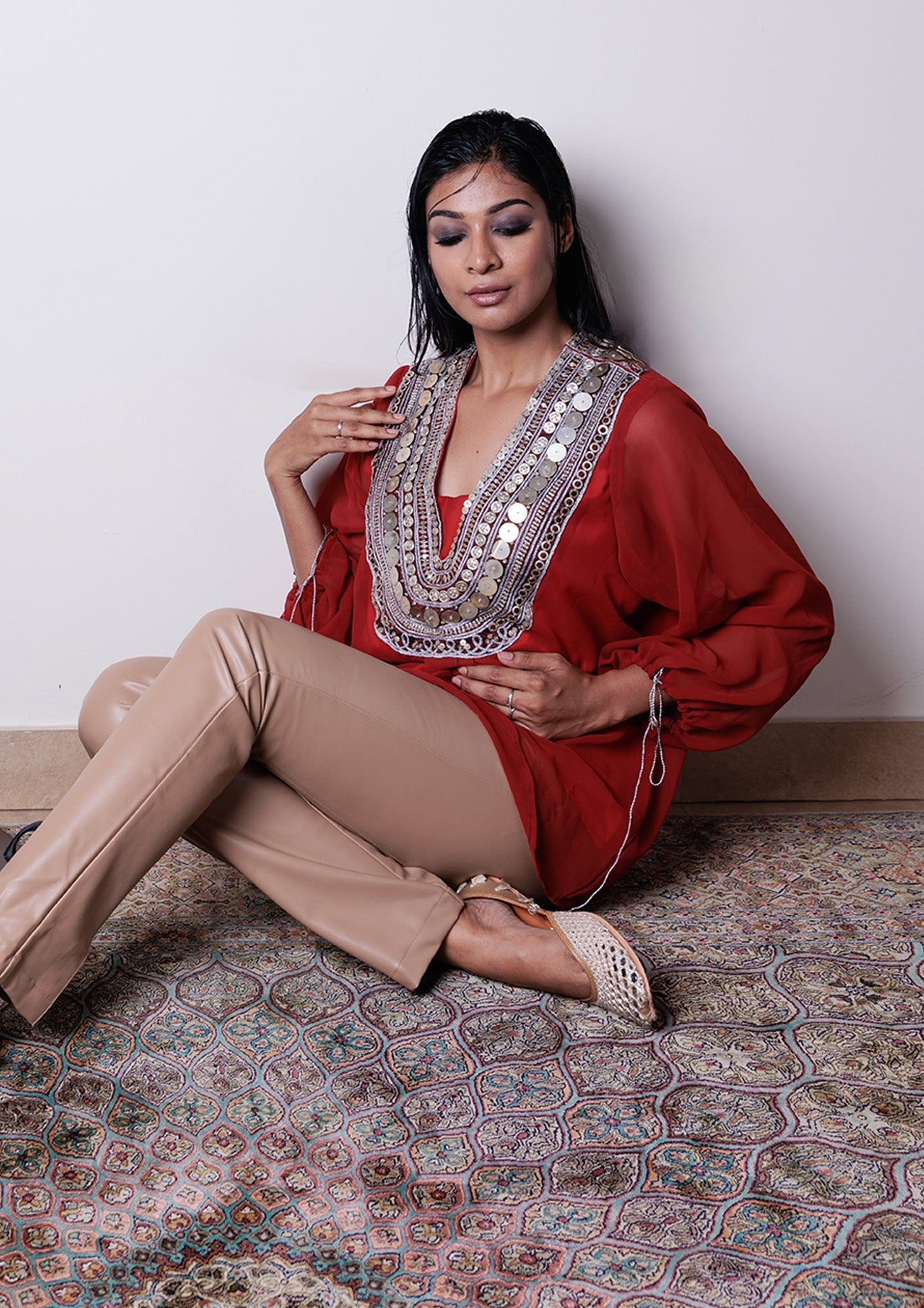 Rust Georgette Top with Metal Embroidery