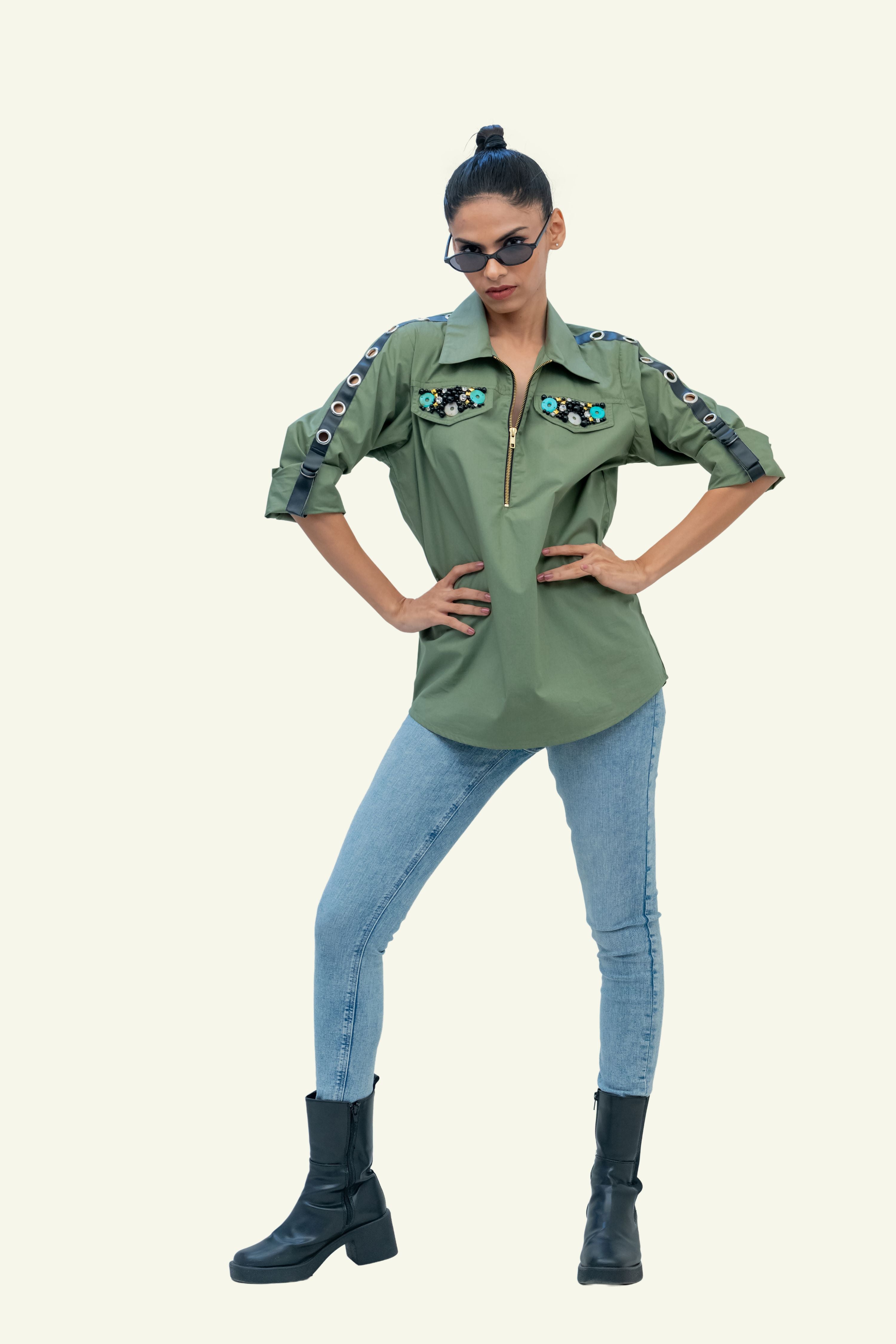 Olive Cotton Shirt with Embroidery on Pockets