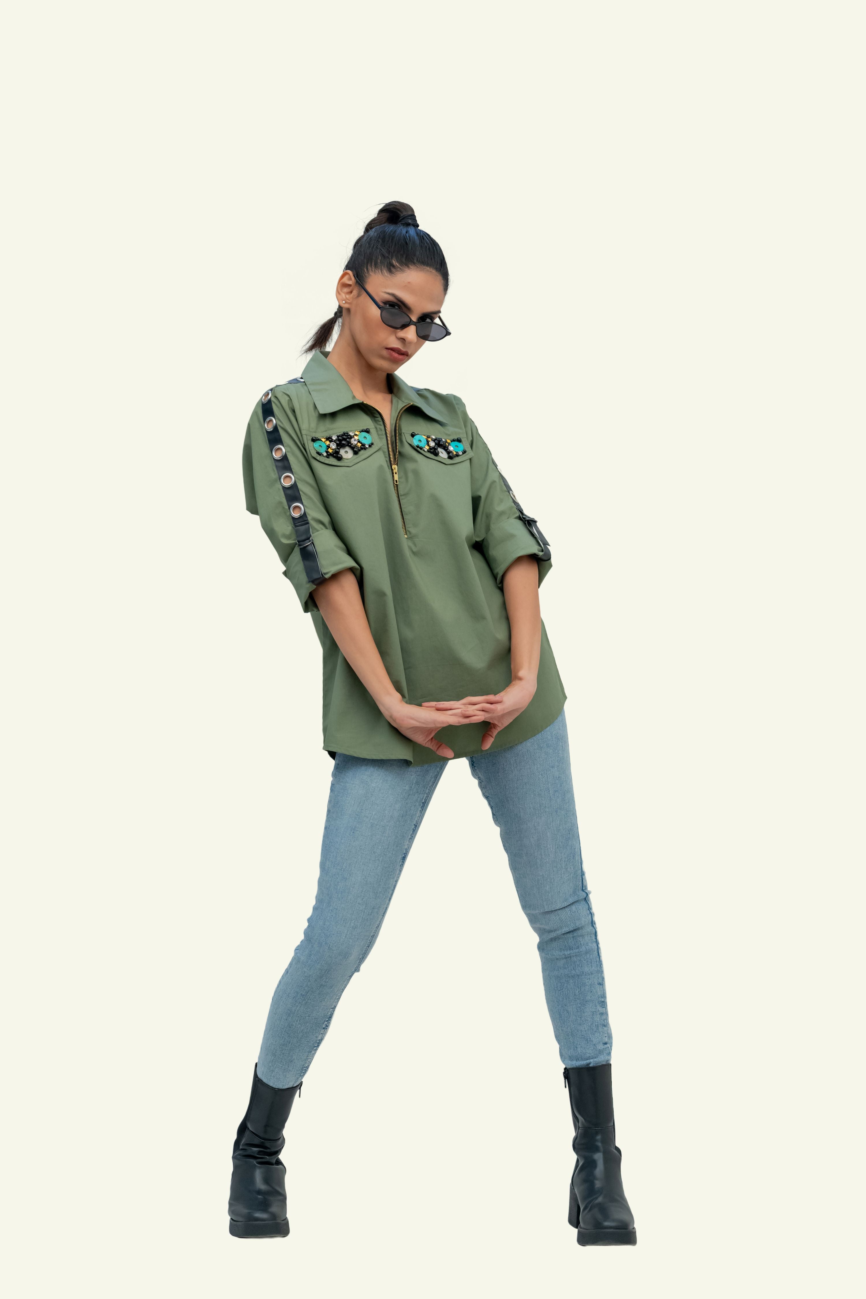 Olive Cotton Shirt with Embroidery on Pockets