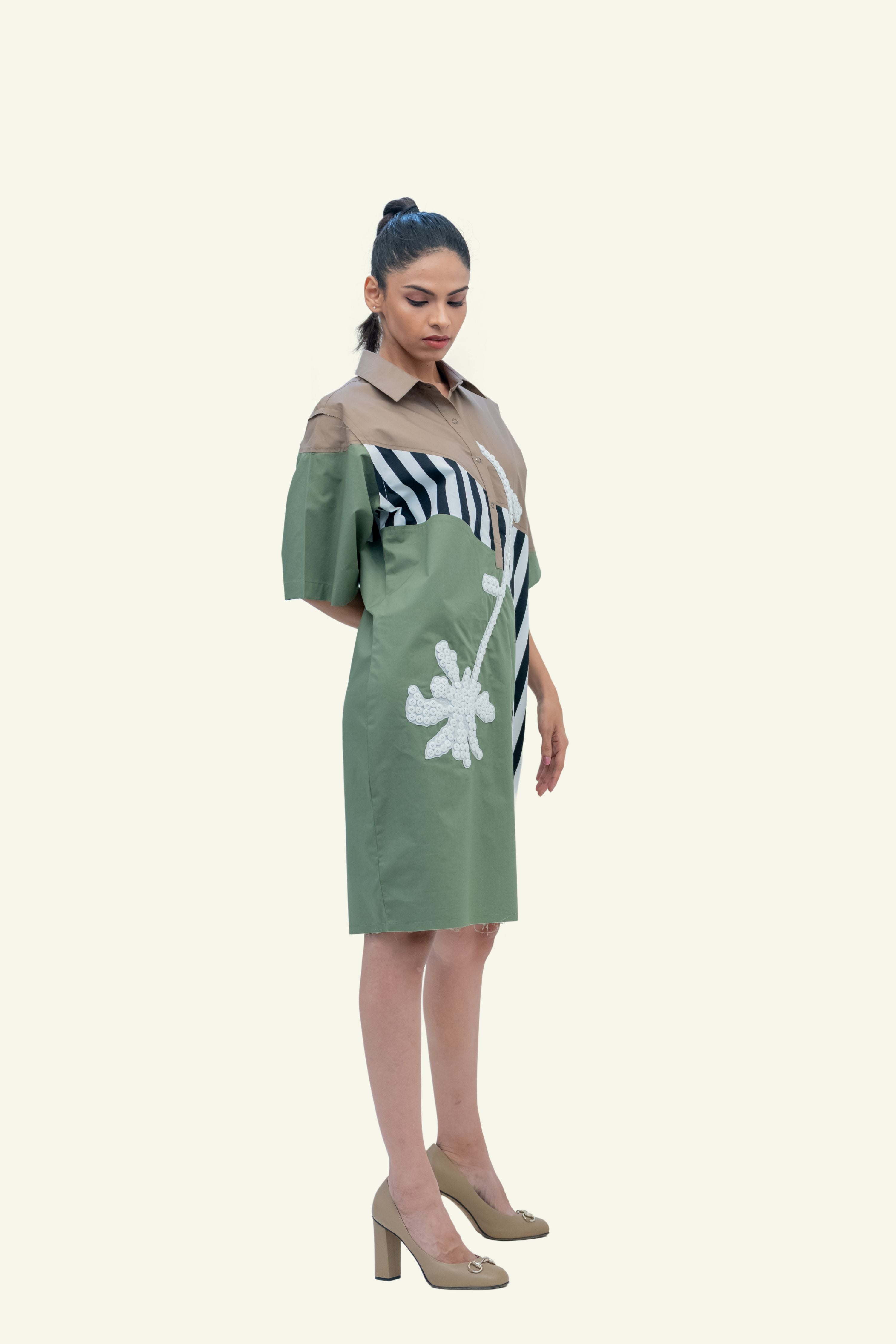Olive Combo Cotton Dress with Embroidery