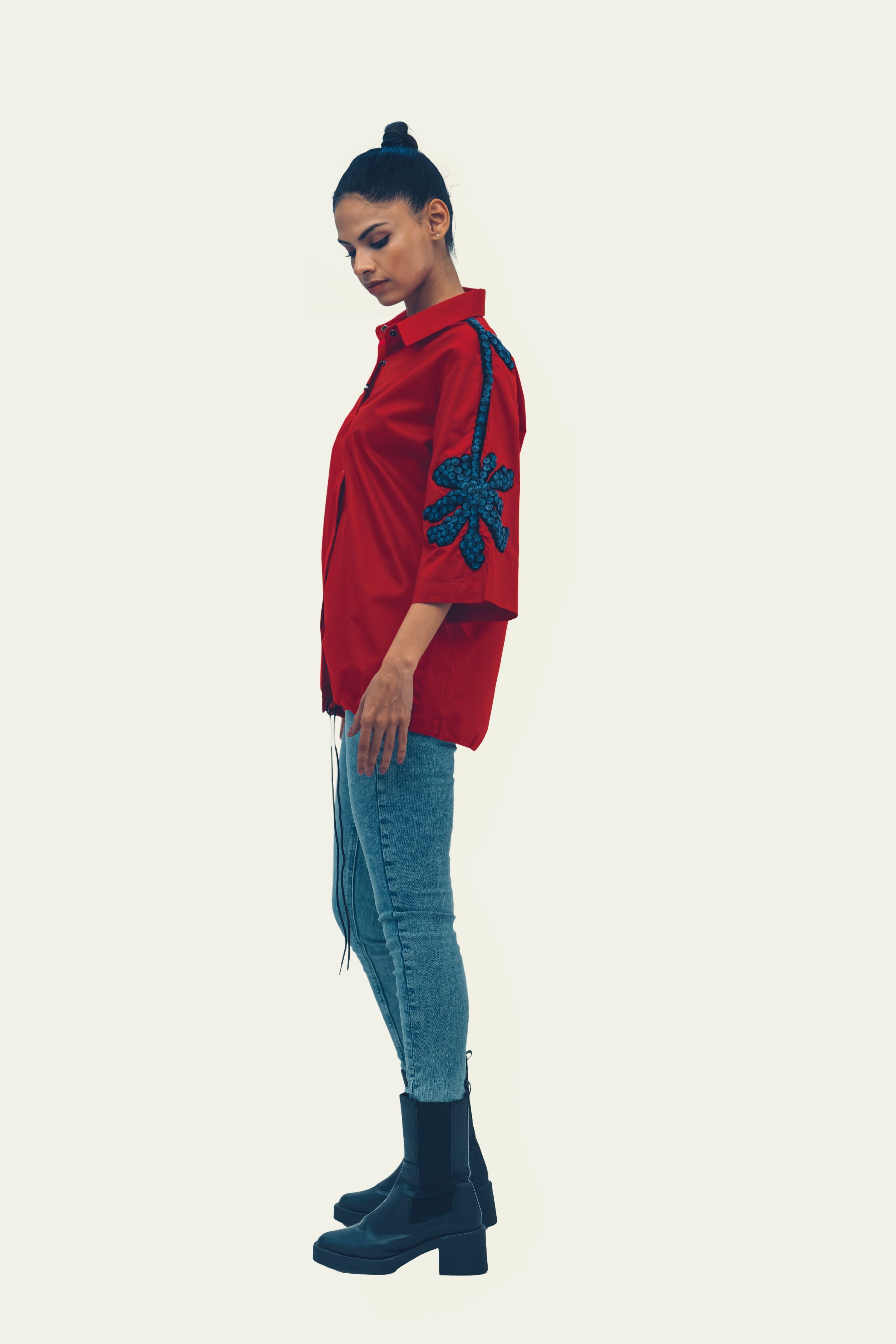 Red Cotton Shirt with Embroidery