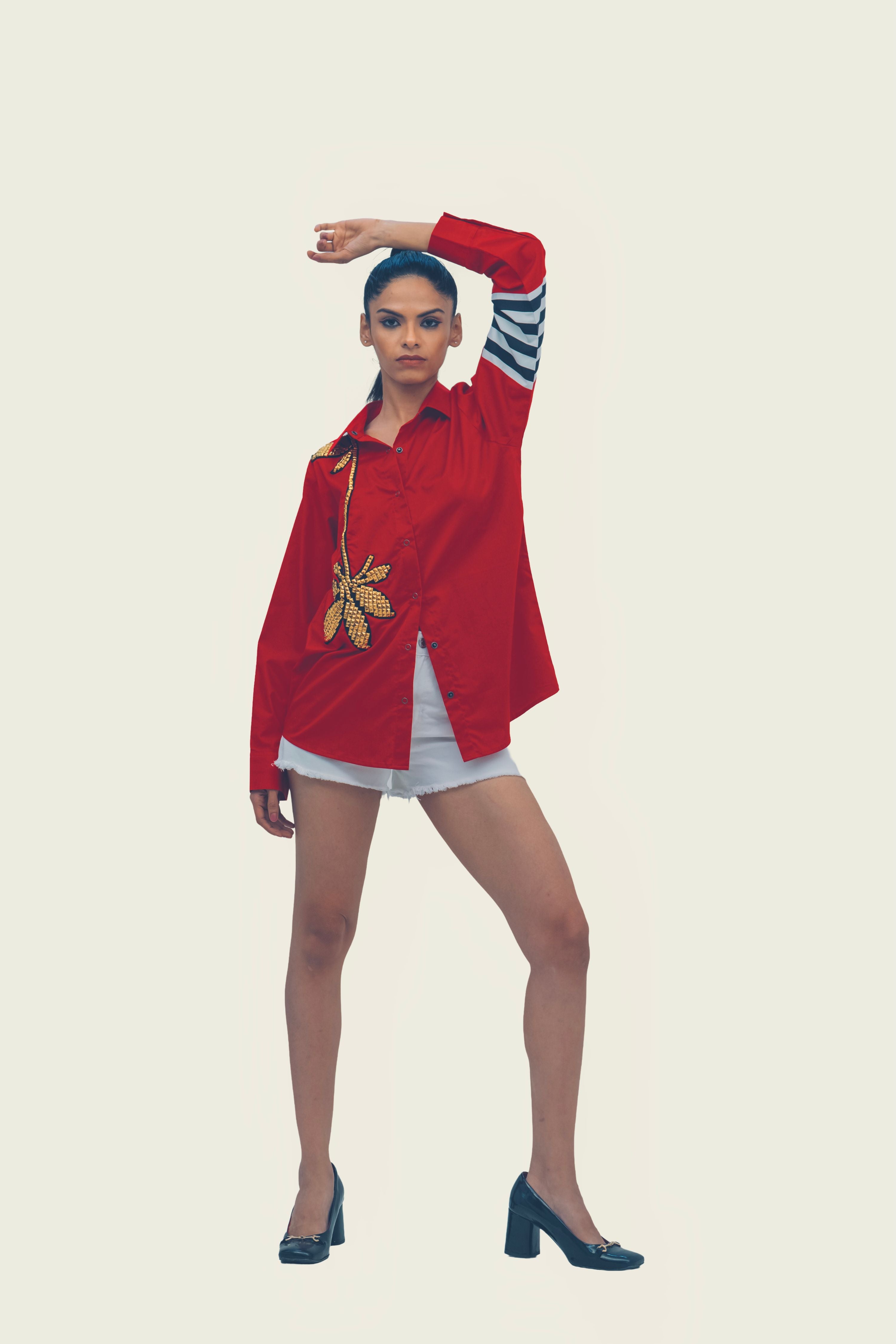 Red Cotton Shirt with Embroidery