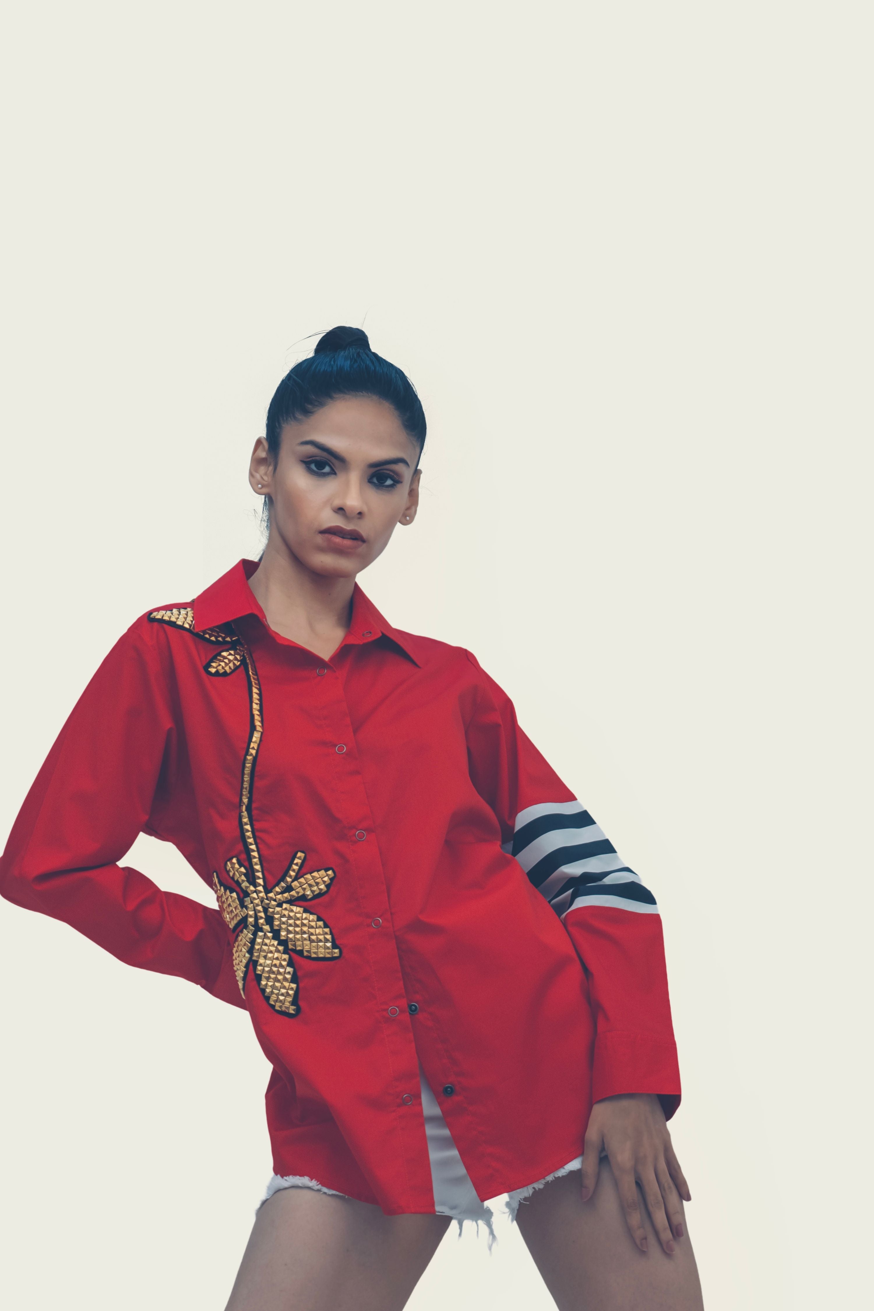 Red Cotton Shirt with Embroidery