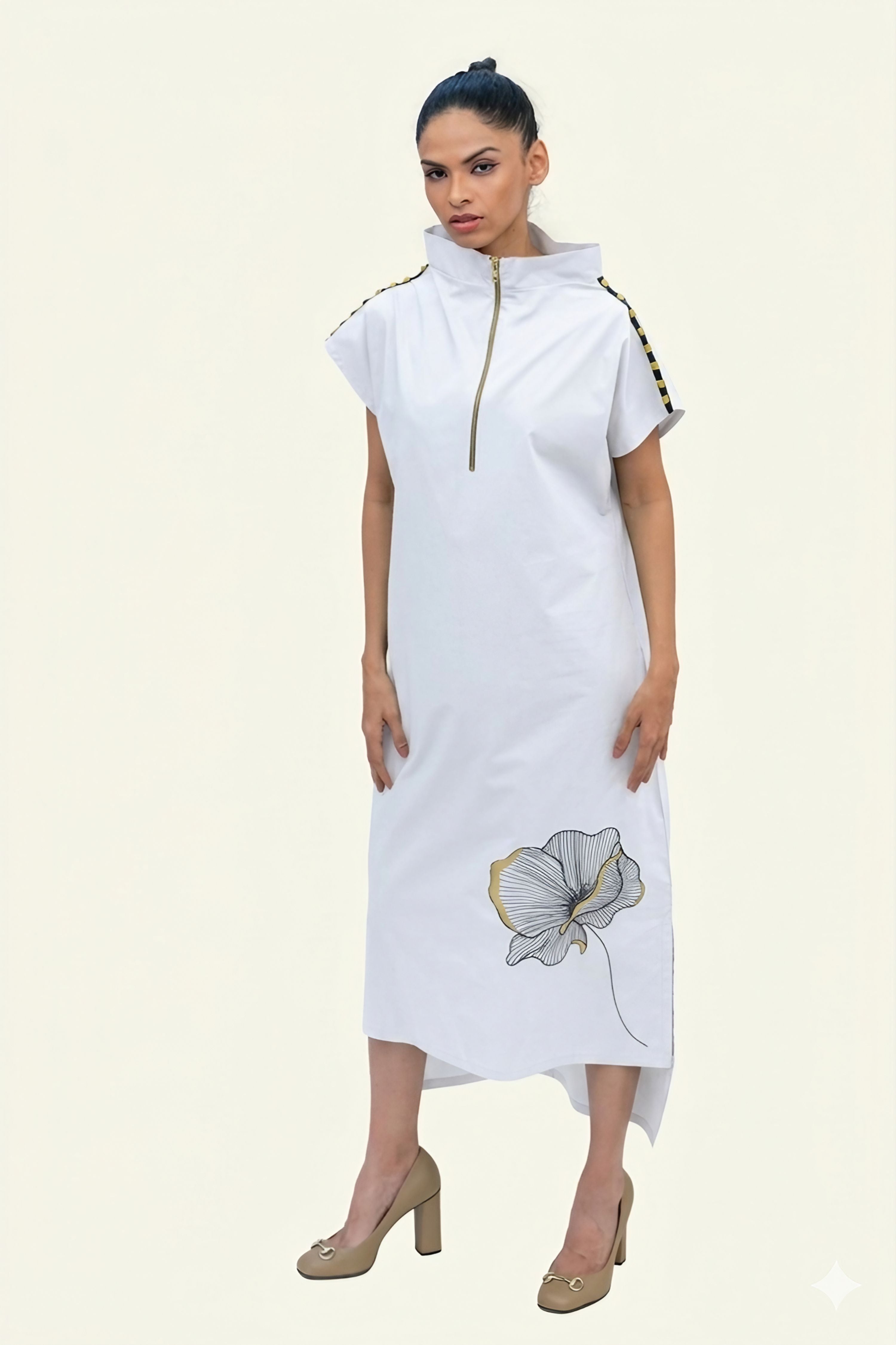 White Cotton Midi Dress with Print