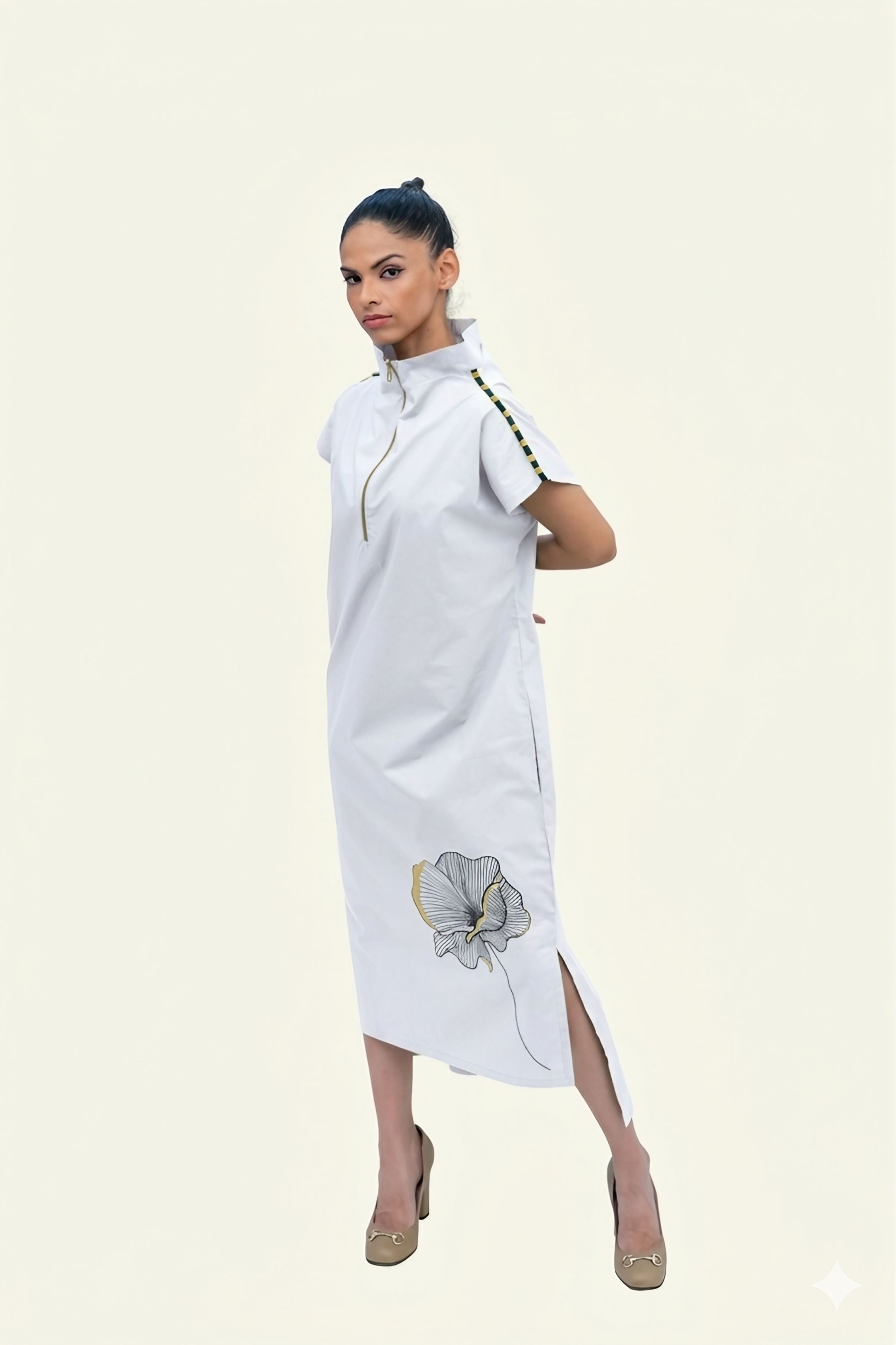 White Cotton Midi Dress with Print