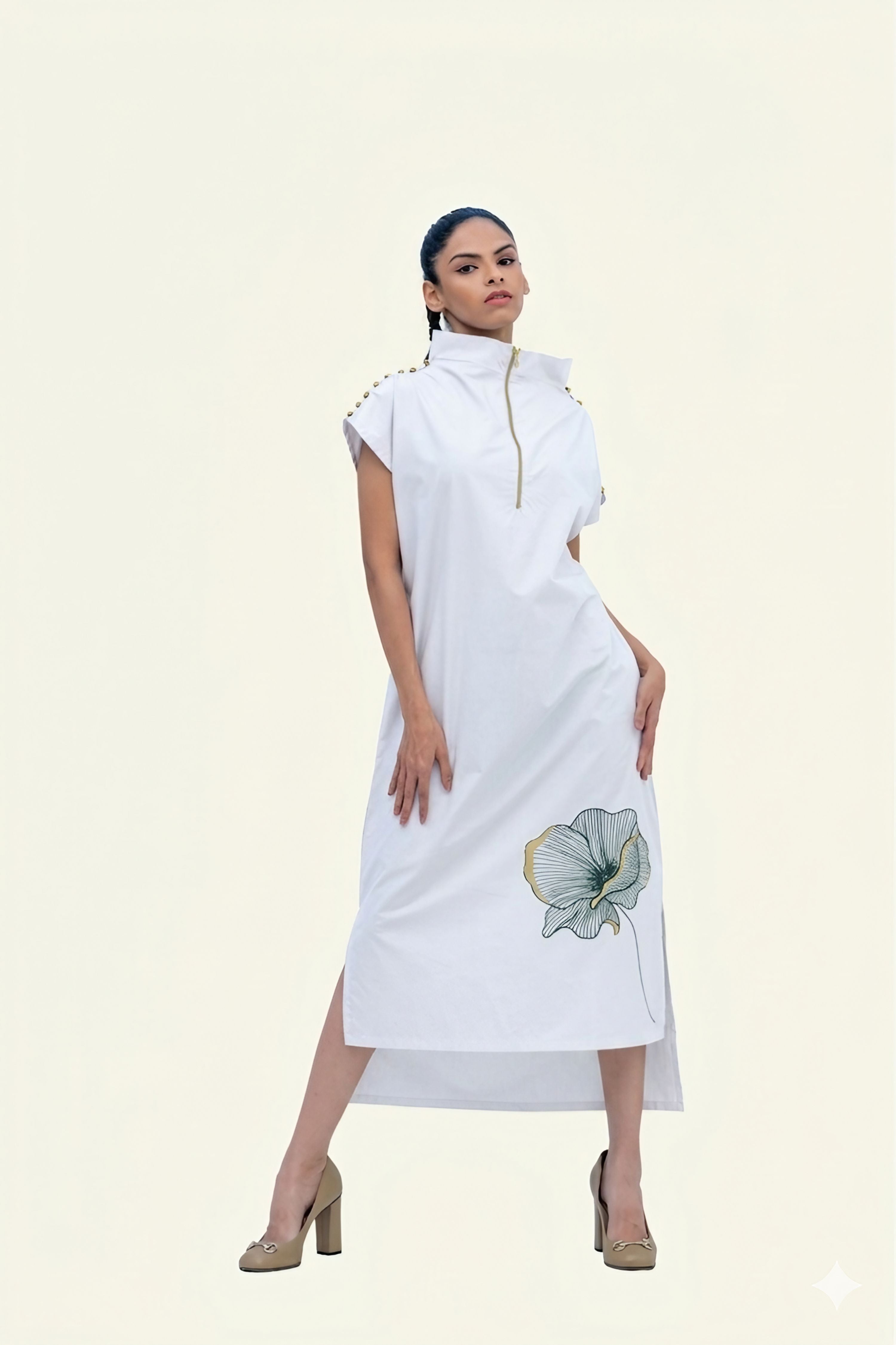White Cotton Midi Dress with Print
