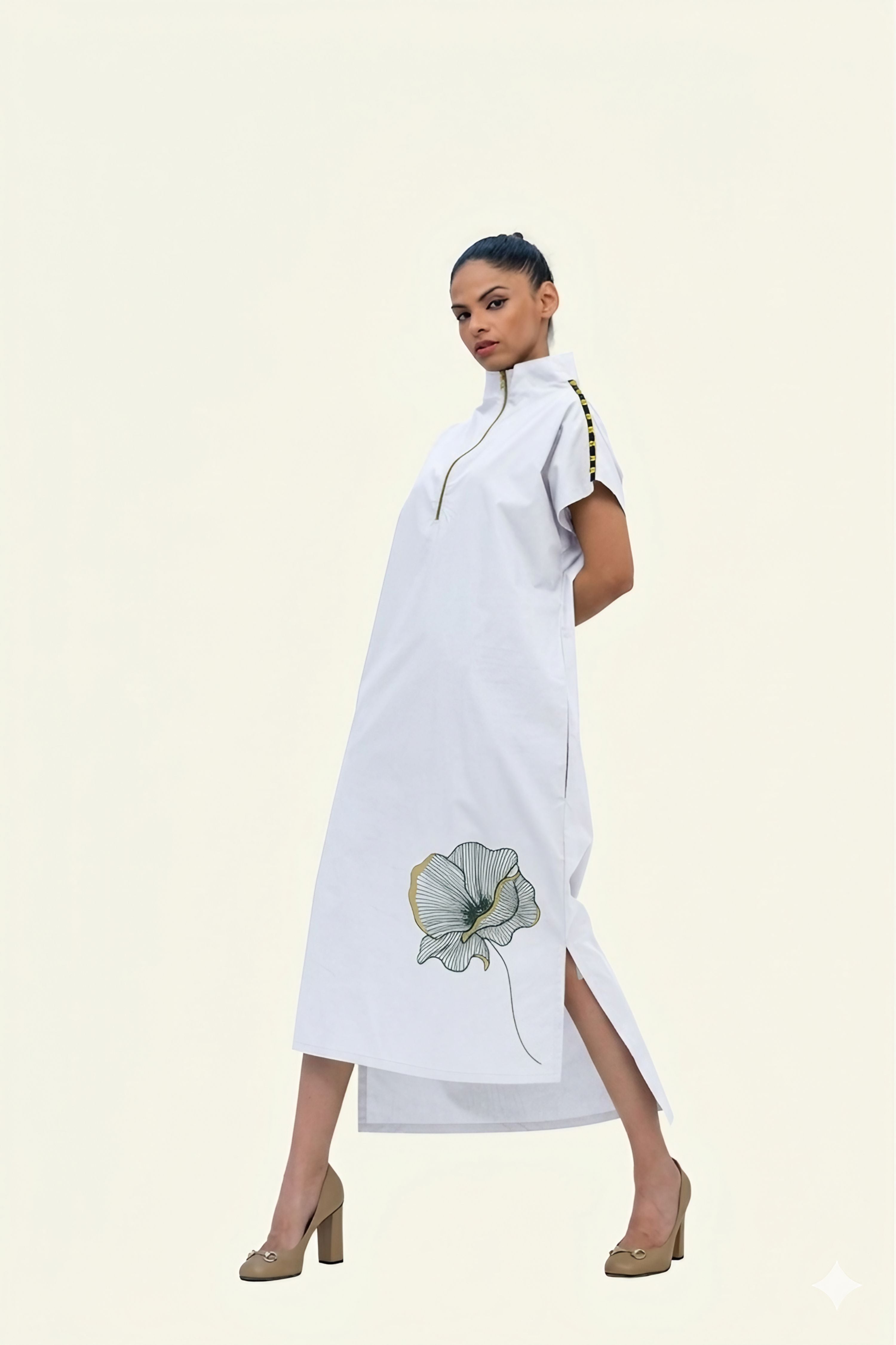 White Cotton Midi Dress with Print