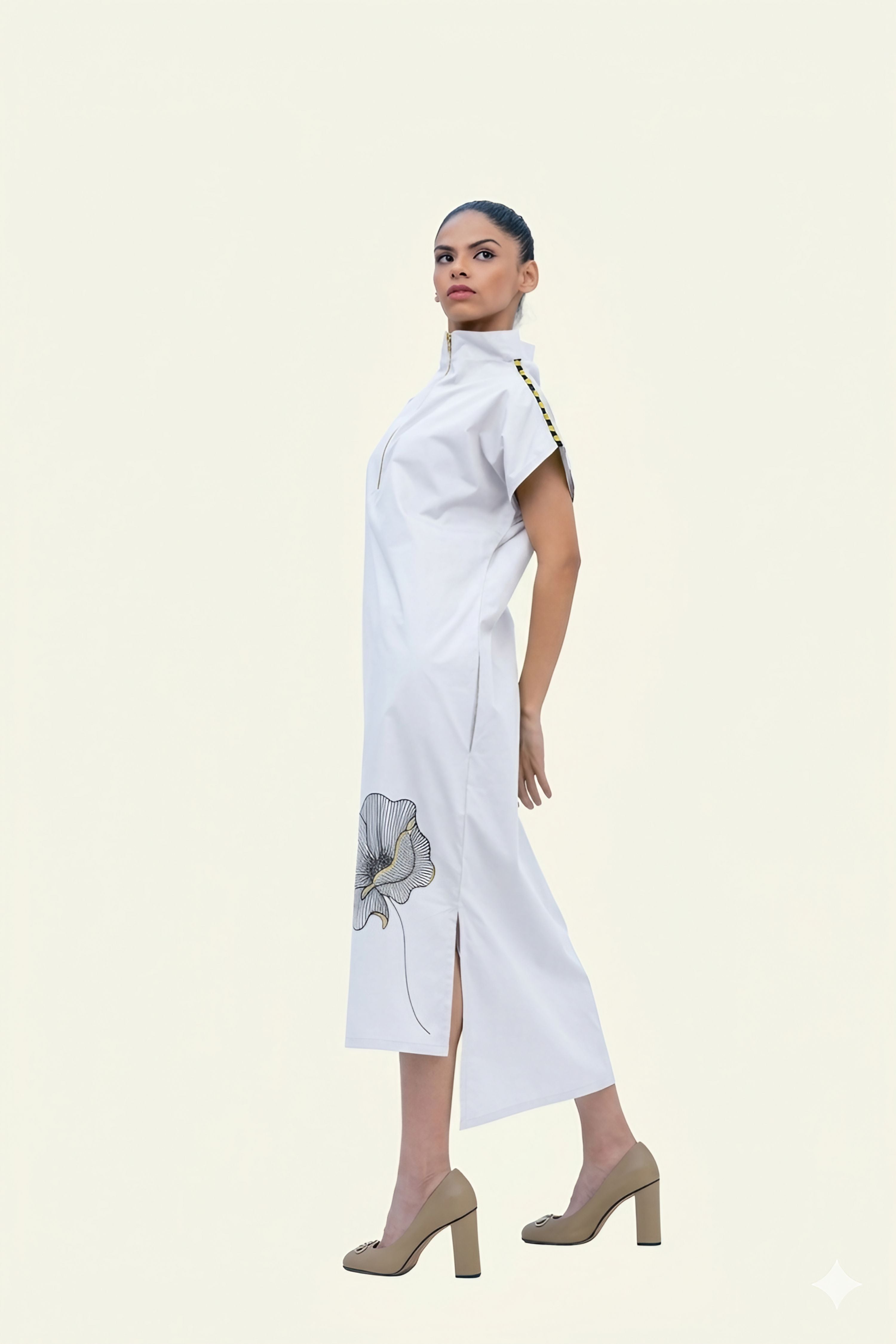 White Cotton Midi Dress with Print