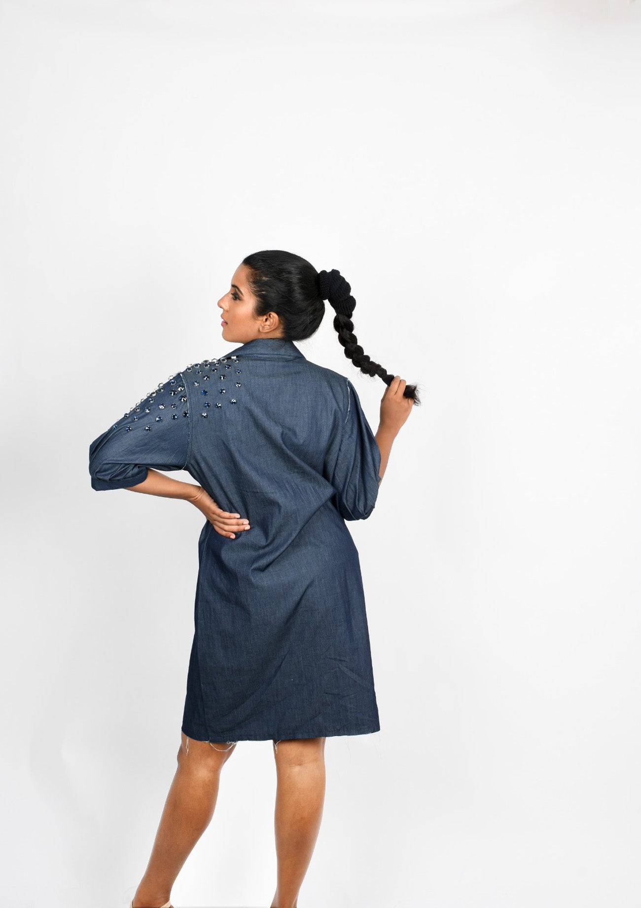 Denim One Piece Dress with Crystal Embroidery