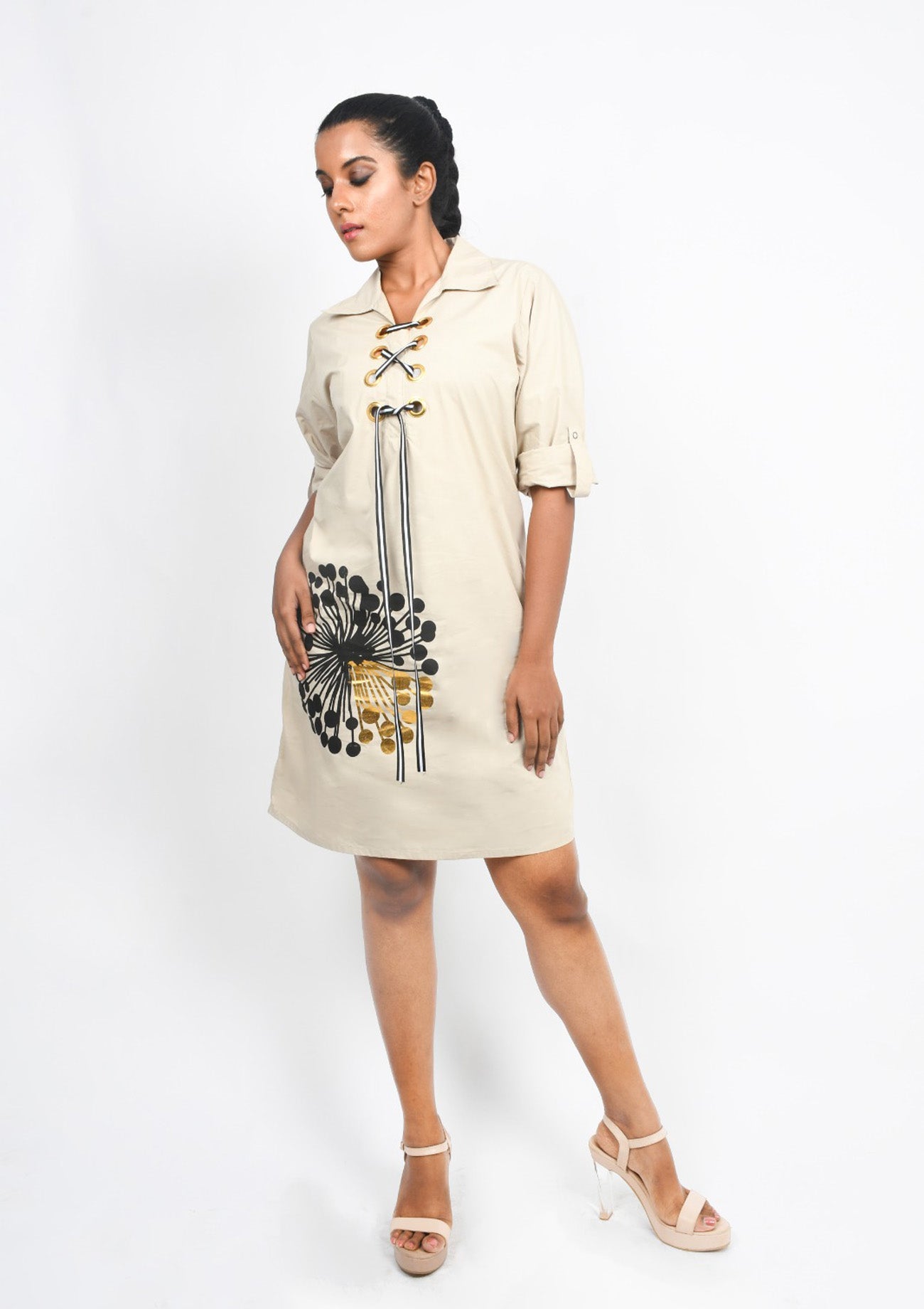 Beige One Piece Dress with Foil Print