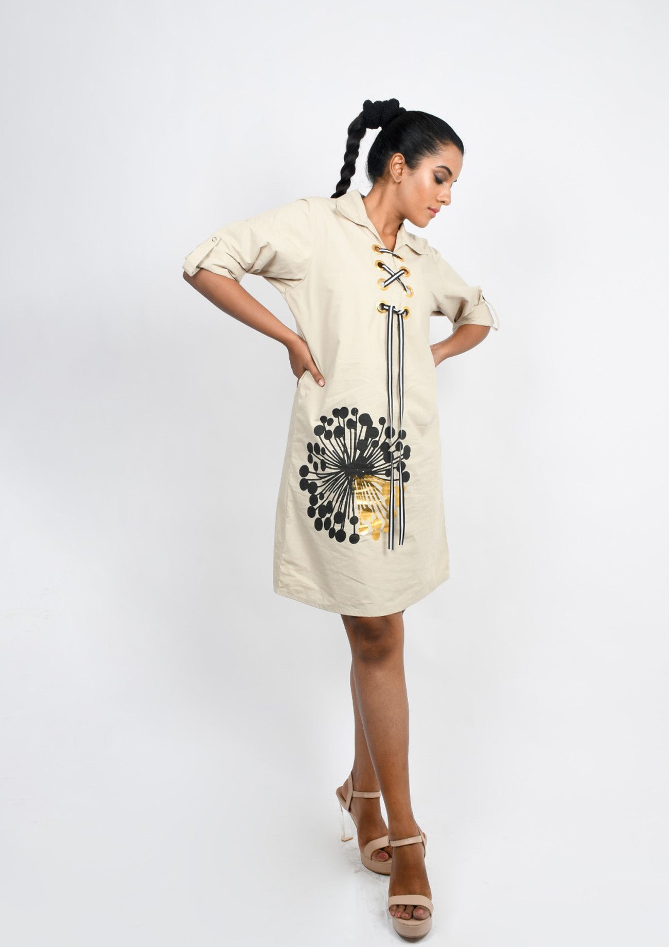 Beige One Piece Dress with Foil Print