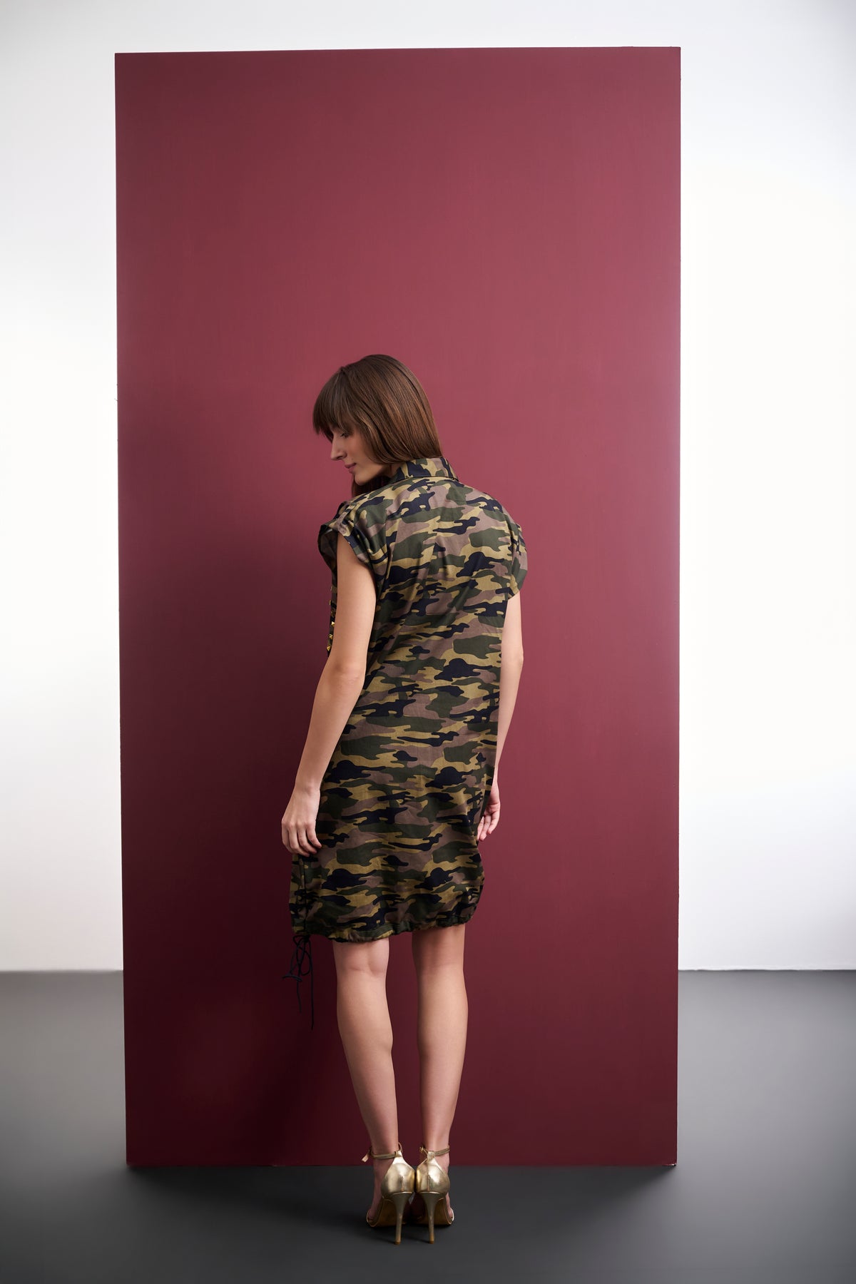 CAMO COTTON DRESS WITH GOLDEN STUDDED LEAF