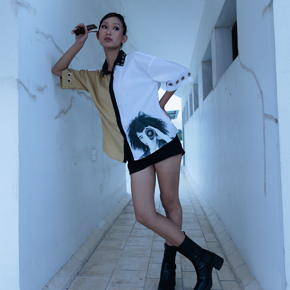 BEIGE/WHITE OVERSIZED COTTON SHIRT WITH CURATED BLACK& WHITE PRINT, EYELETS ON SLEEVES AND WHITE BACK
