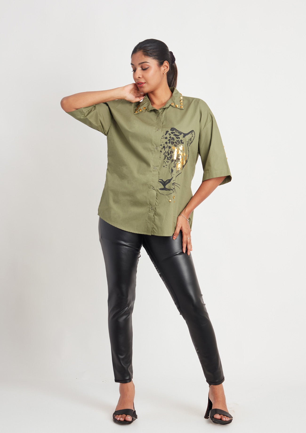 Olive Comfort Fit Cotton Shirt with Foil Print and Studs