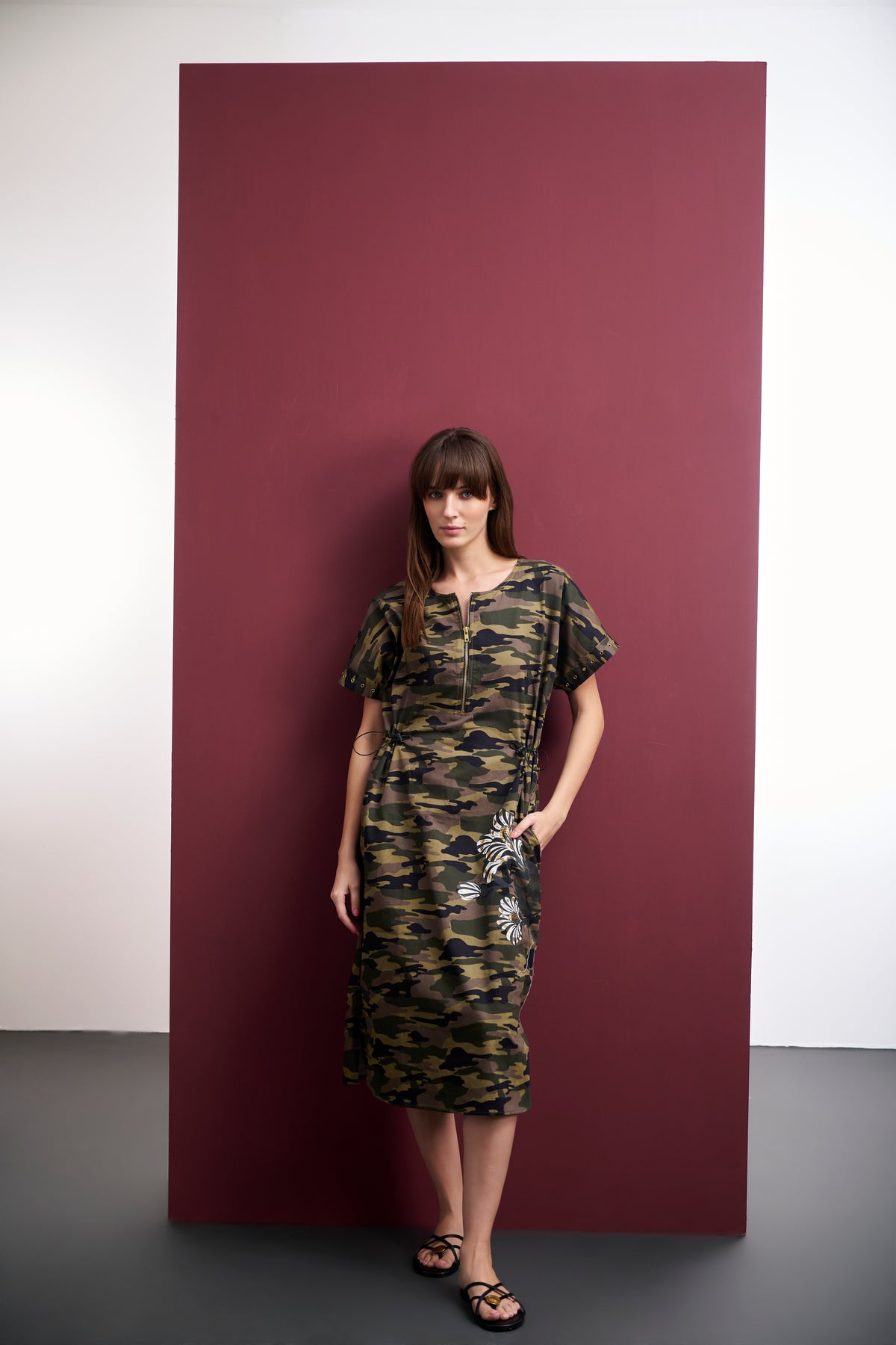 CAMO COTTON FOIL FLORAL MIDI DRESS WITH CINCH WAIST