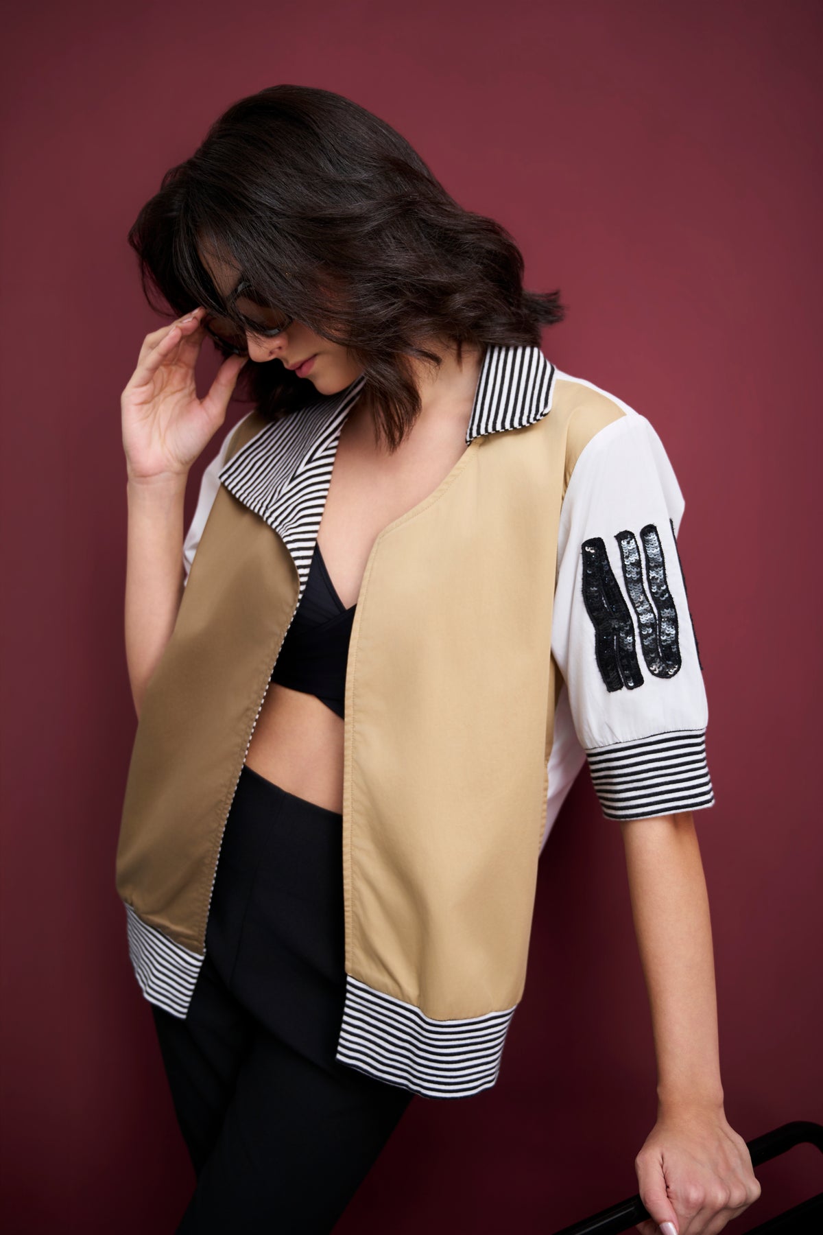 COLORBLOCK OPEN-FRONT JACKET WITH SEQUIN AURA SLEEVE