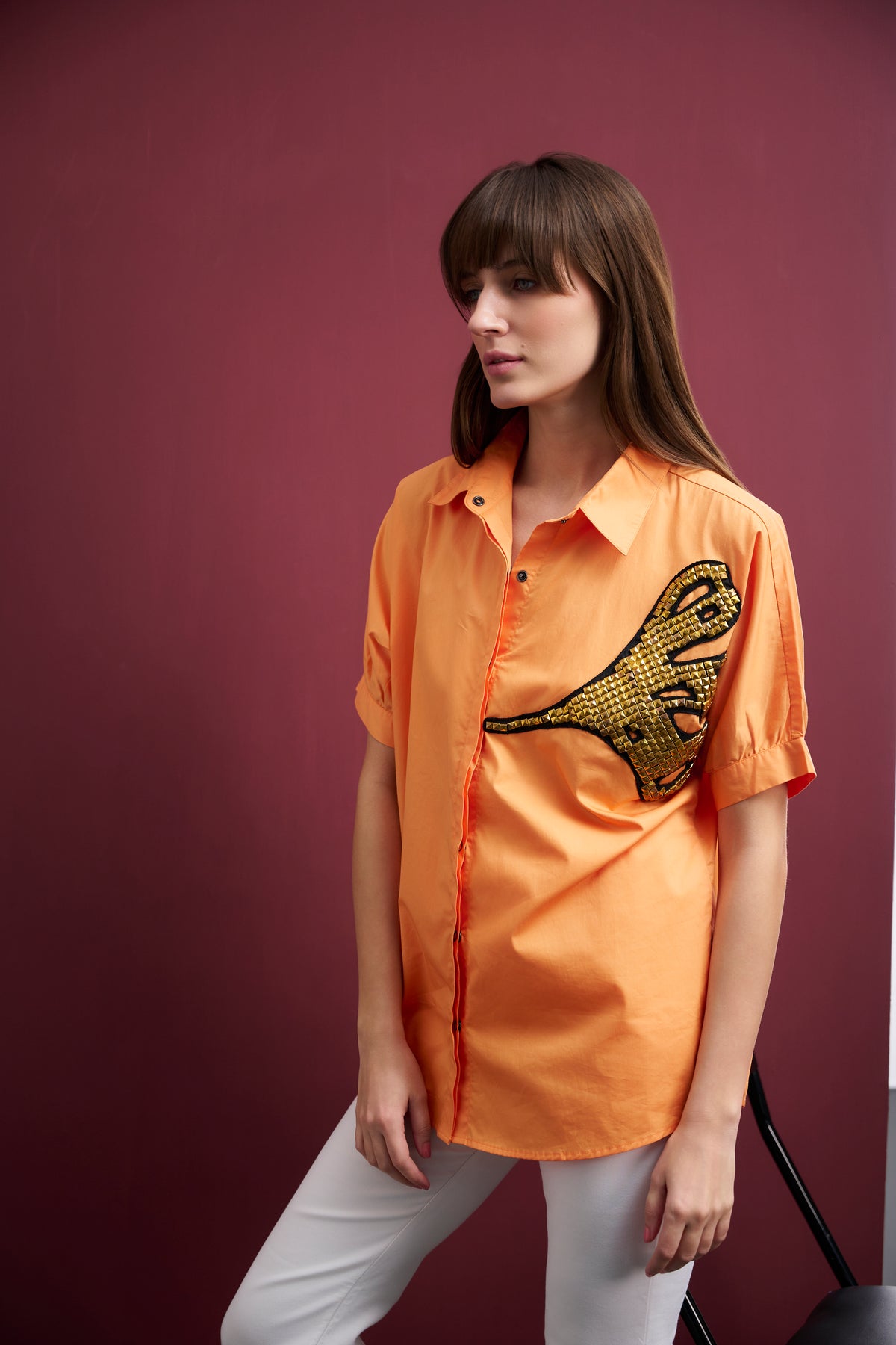 ORANGE KIMONO SLEEVE SHIRT WITH GOLDEN STUDDED LEAF