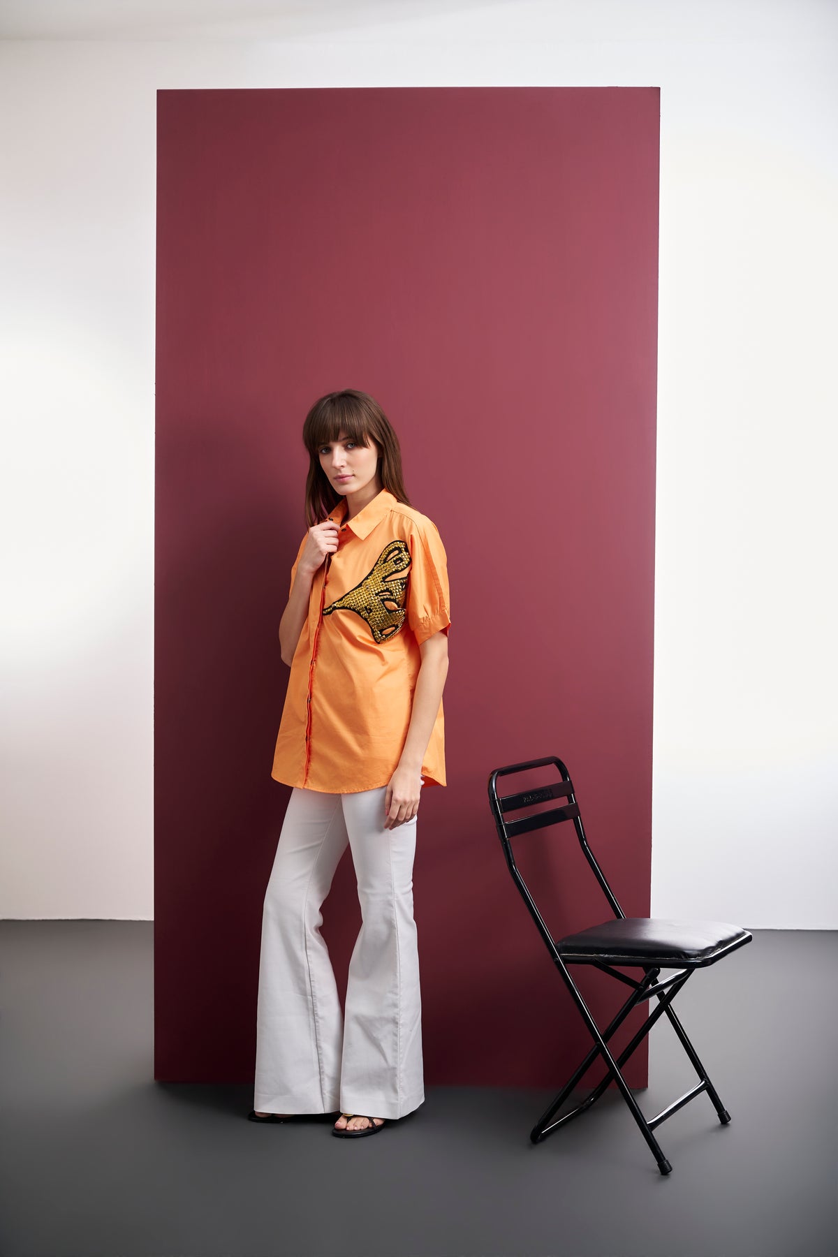 ORANGE KIMONO SLEEVE SHIRT WITH GOLDEN STUDDED LEAF