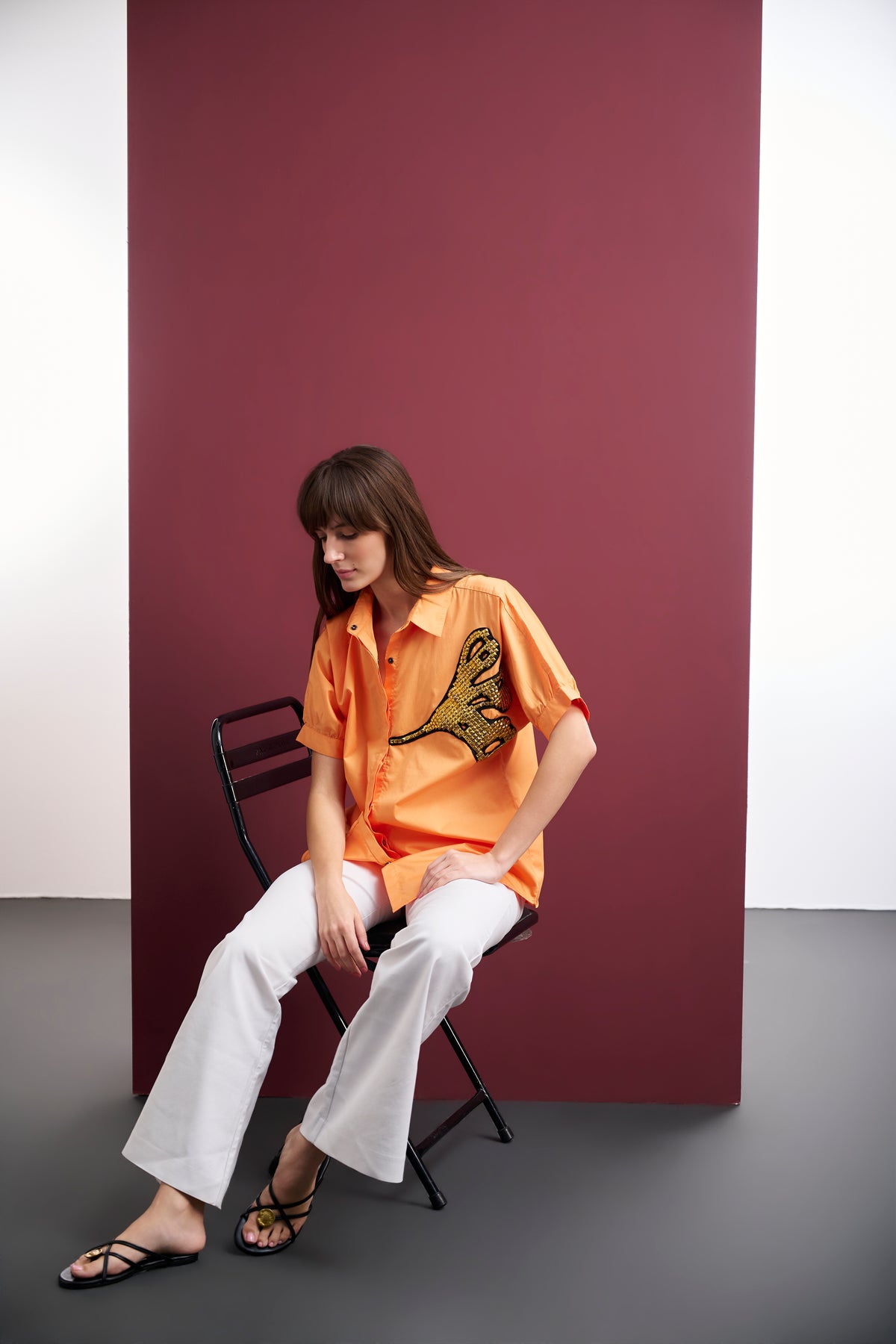 ORANGE KIMONO SLEEVE SHIRT WITH GOLDEN STUDDED LEAF