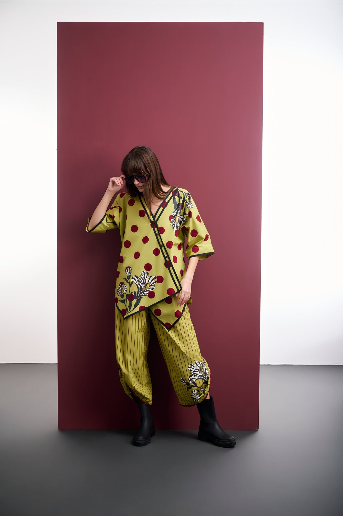 FOIL FLORAL POLKA TOP & STRIPED FLARED PANT CO-ORD SET