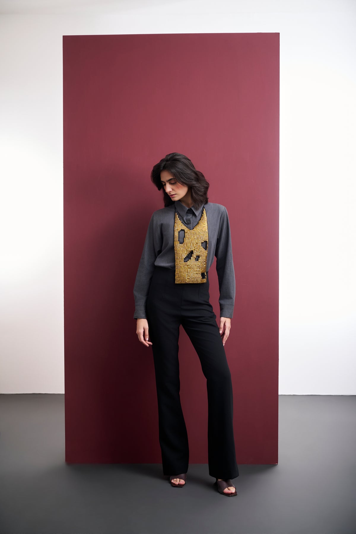 GREY DENIM SHIRT WITH GOLDEN STUDDED NECK ACCESSORY