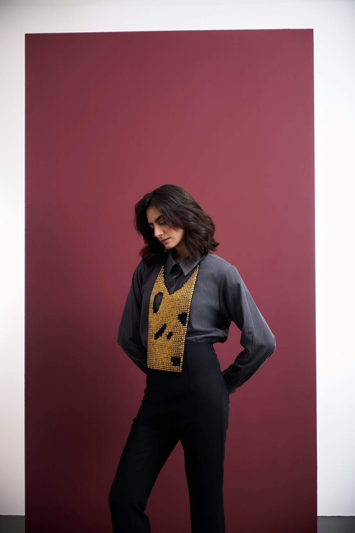 GREY DENIM SHIRT WITH GOLDEN STUDDED NECK ACCESSORY