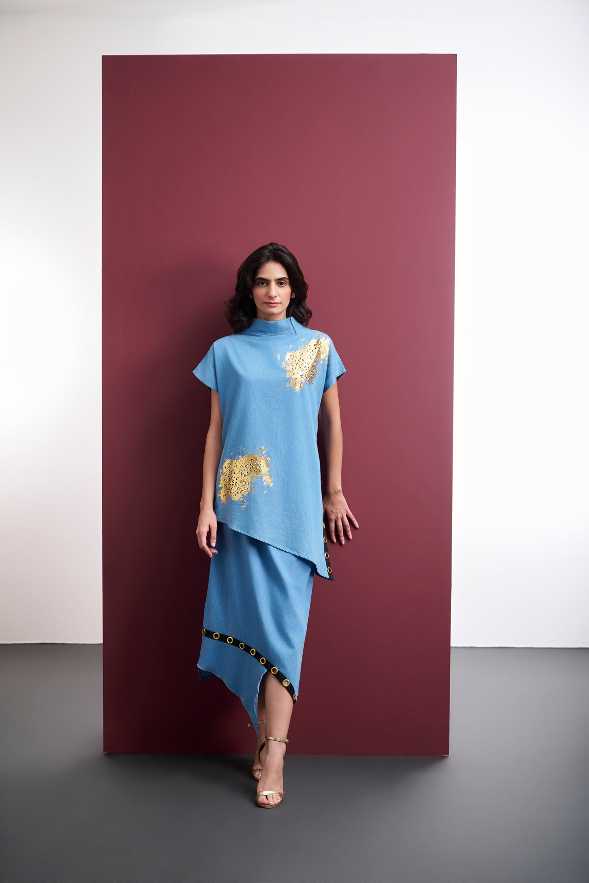 ICE-WASHED DENIM ASYMMETRICAL TUNIC WITH GOLD FOIL
