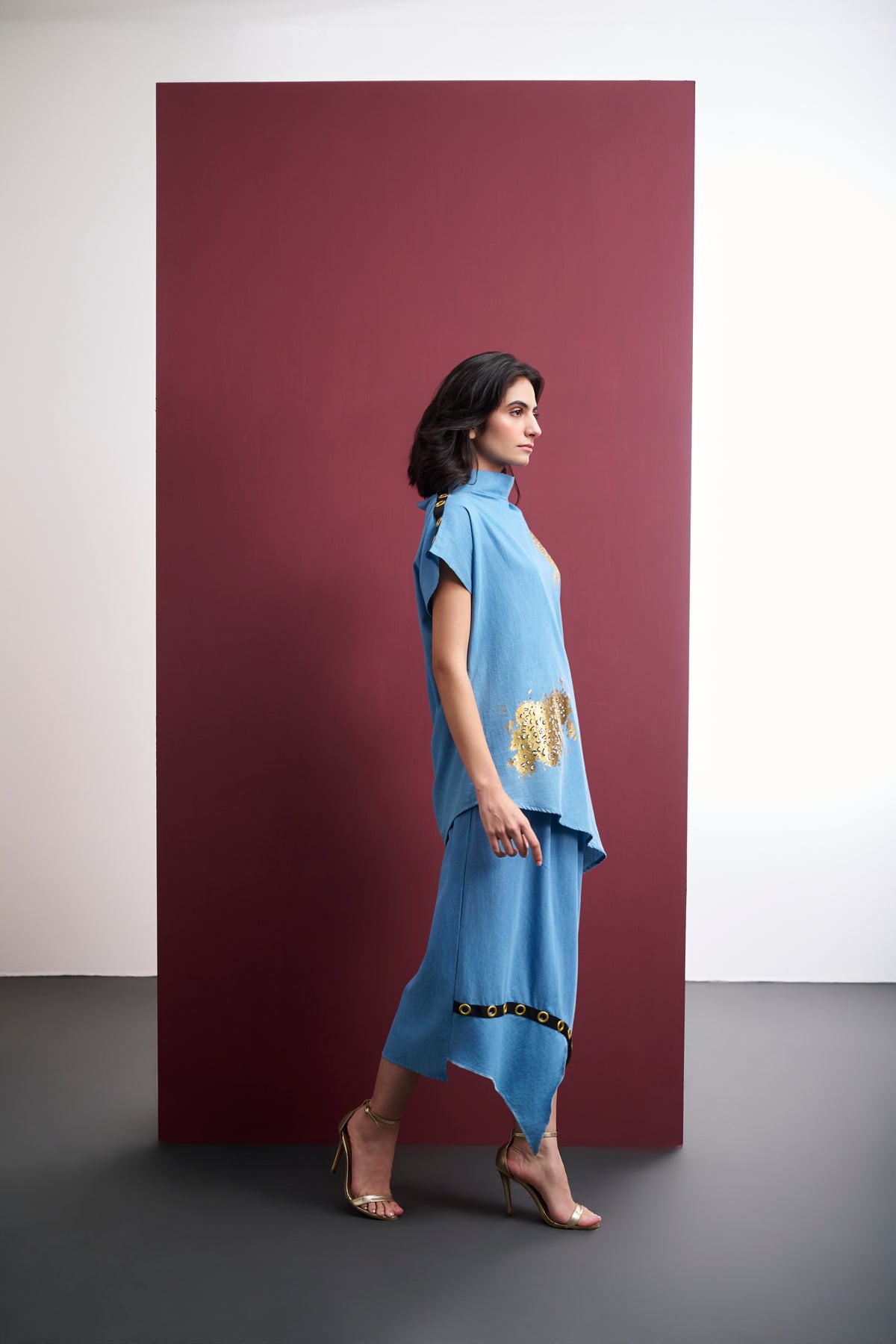 ICE-WASHED DENIM ASYMMETRICAL SKIRT CO-ORD SET