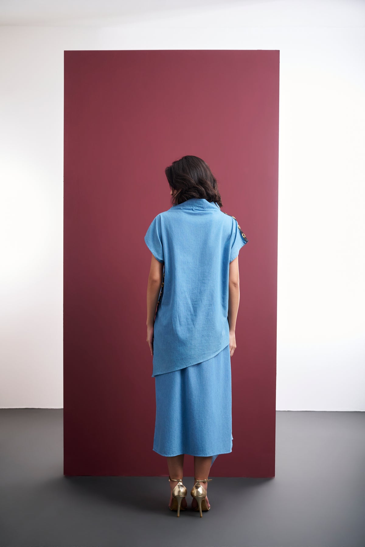 ICE-WASHED DENIM ASYMMETRICAL TUNIC WITH GOLD FOIL