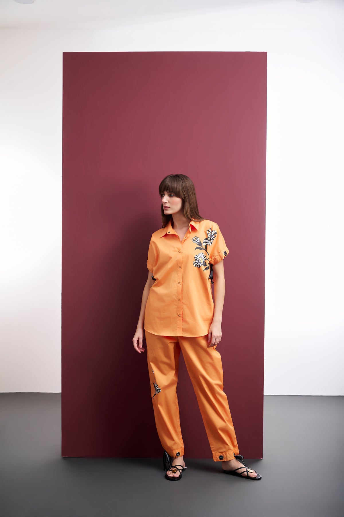 ORANGE COTTON FOIL FLORAL SHIRT & PANT CO-ORD SET