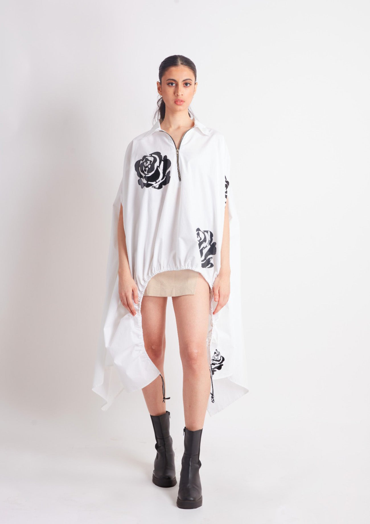 White Drawstring Cape with Applique Motifs