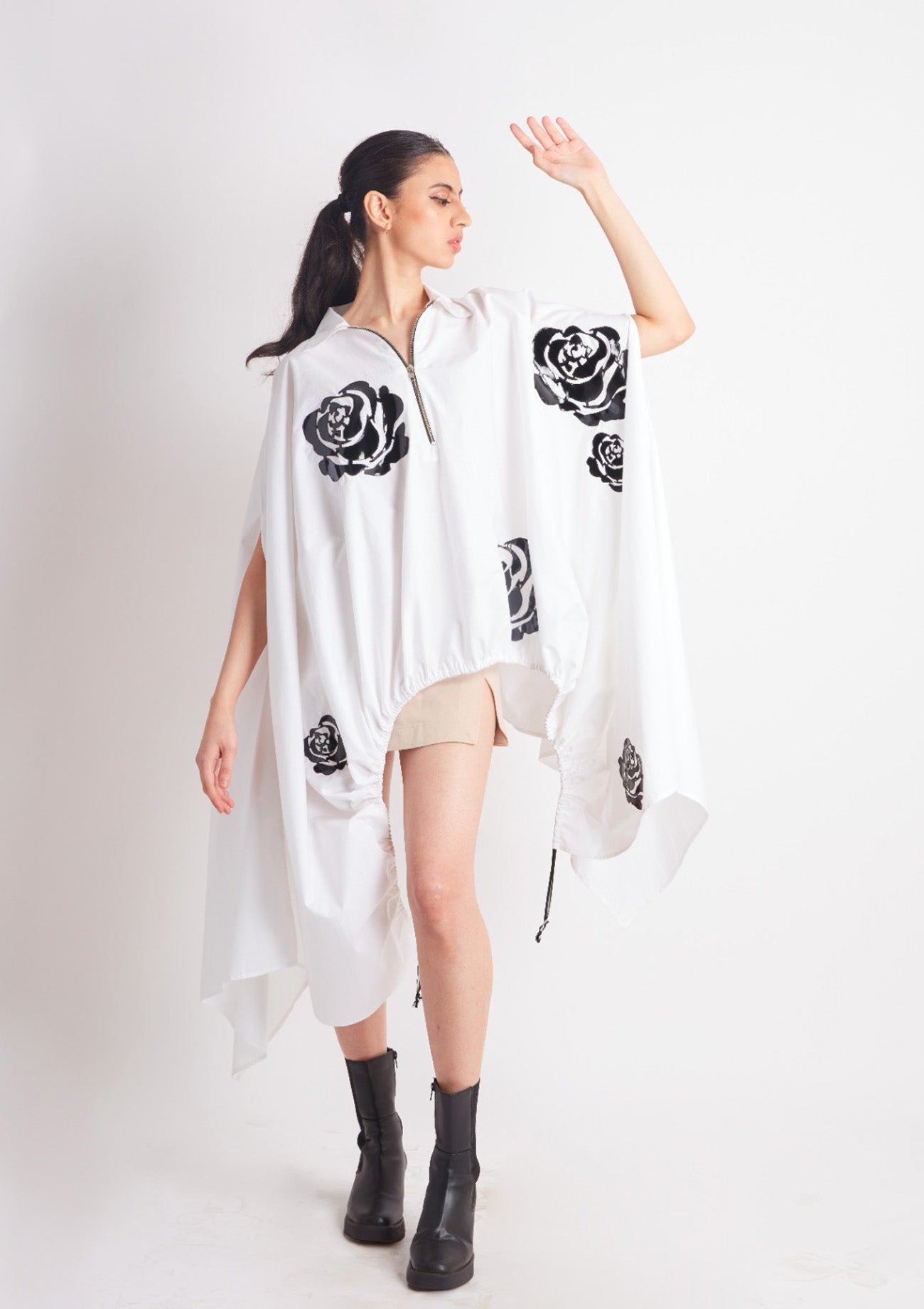 White Drawstring Cape with Applique Motifs