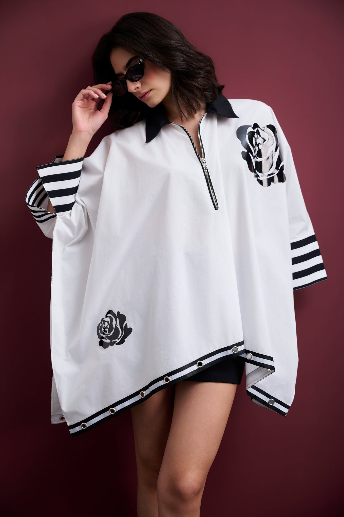 WHITE COTTON PONCHO SHIRT WITH BLACK FLORAL APPLIQUÉS