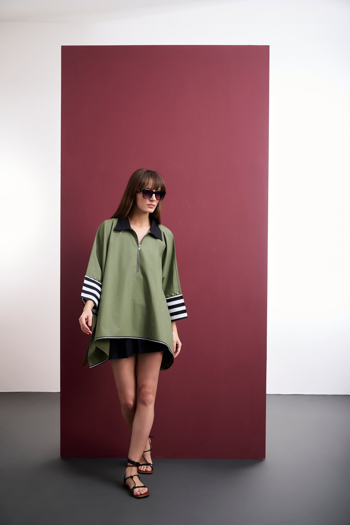 OLIVE PONCHO SHIRT WITH STUDDED STRIPED CUFFS